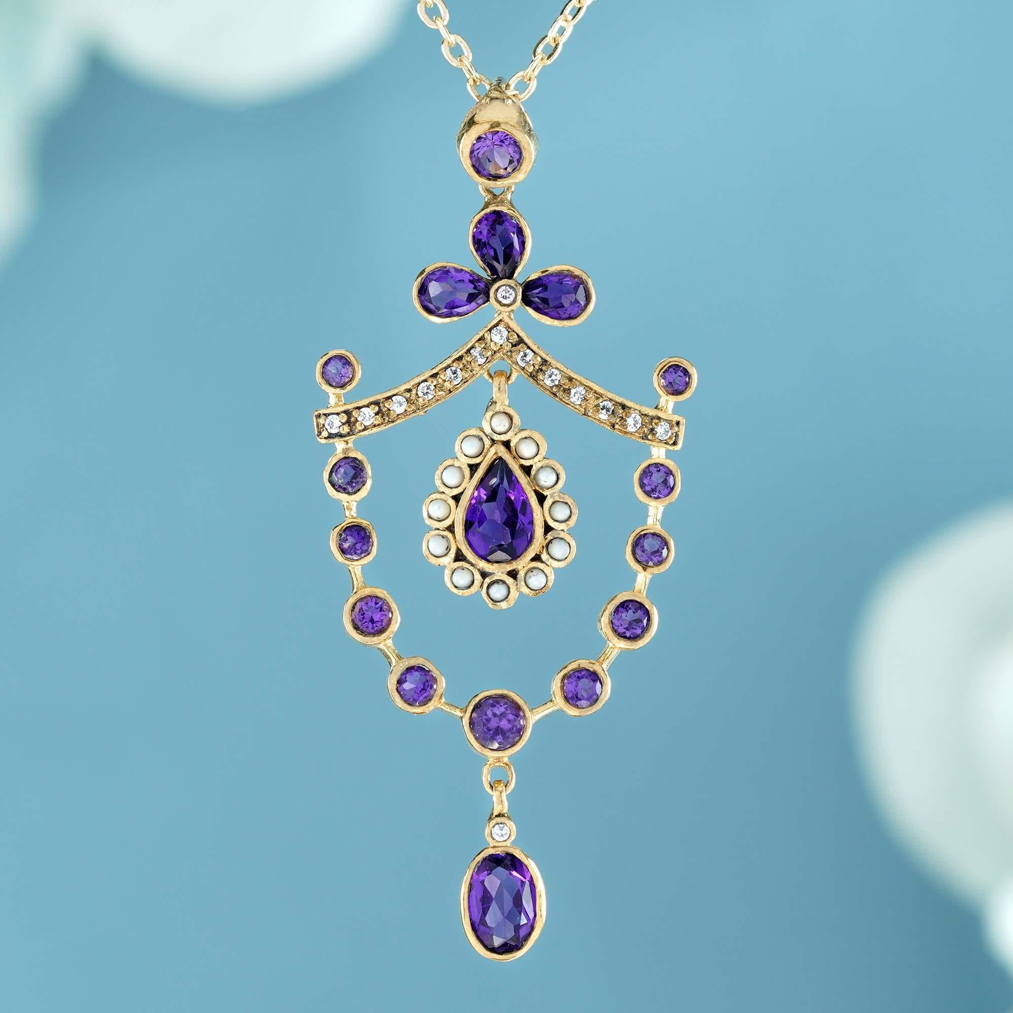 The round and oval cascade of purple amethysts alike glittering raindrops frozen in mid-air, allowing the purple color and faceted large pear-shaped amethyst forms the center of the piece.  This gemstone is faceted, catching the light with each