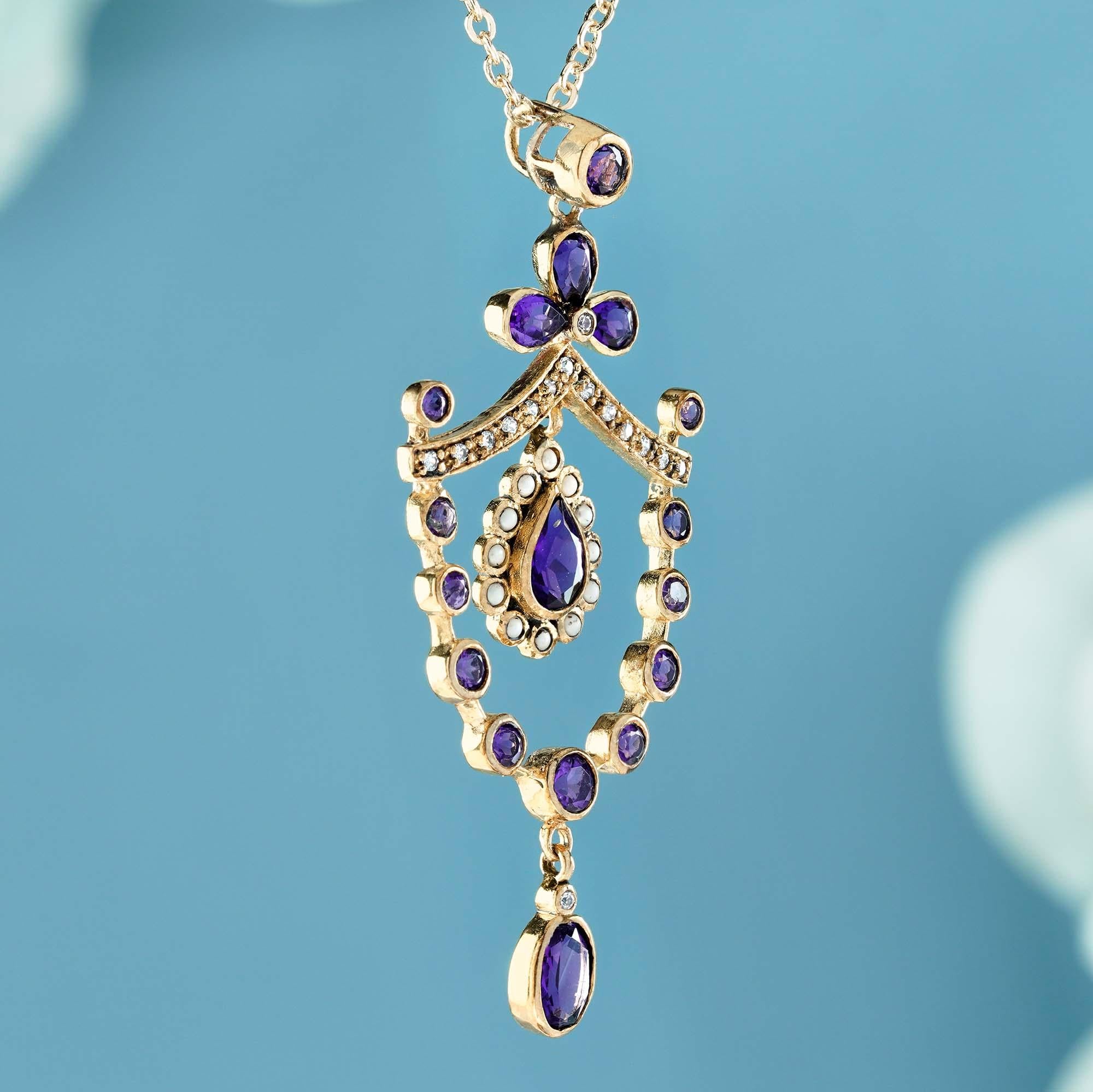Edwardian Natural Amethyst Pearl Diamond Vintage Style Floral Pendant in Solid 9K Gold For Sale