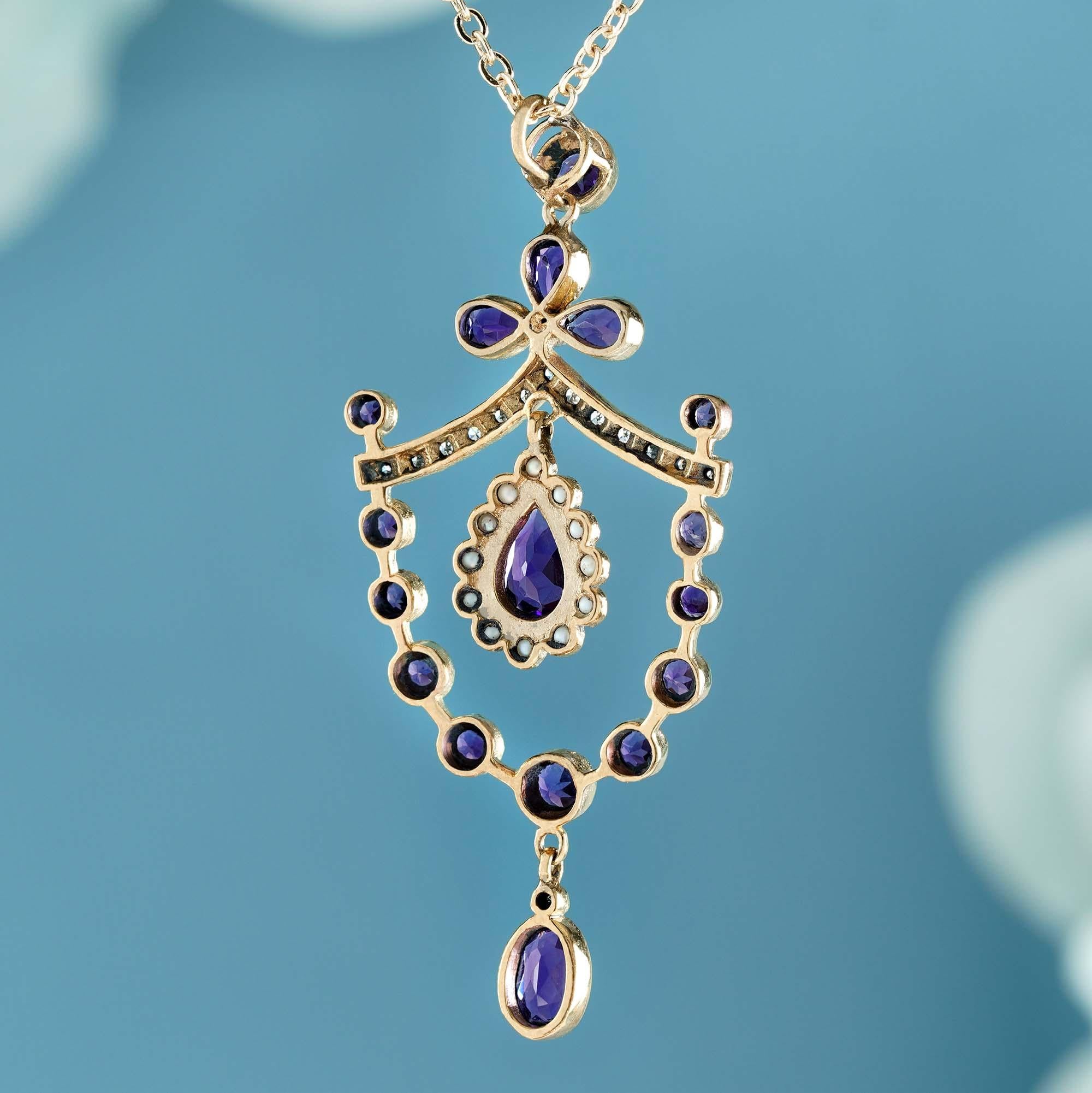 Pear Cut Natural Amethyst Pearl Diamond Vintage Style Floral Pendant in Solid 9K Gold For Sale