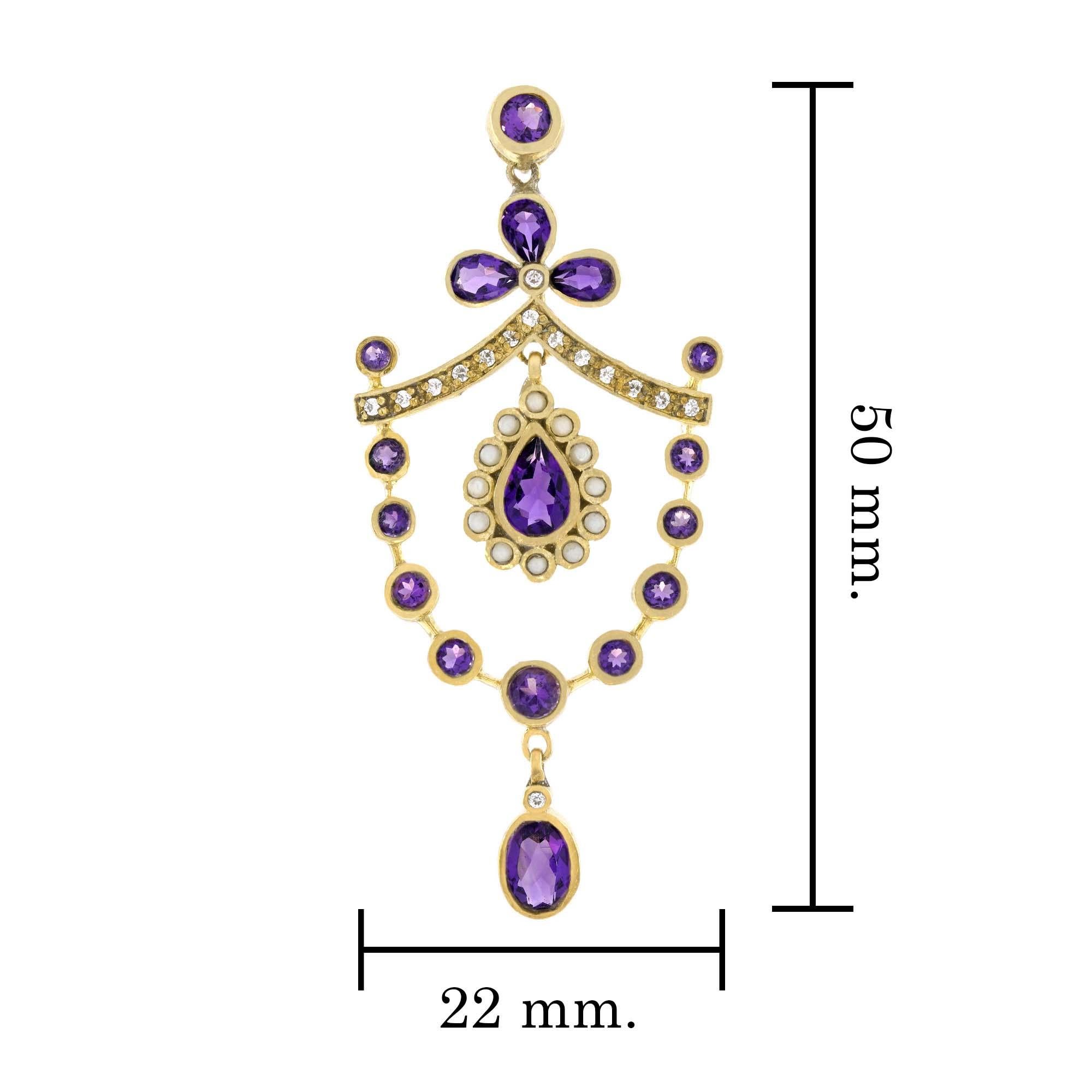 Natural Amethyst Pearl Diamond Vintage Style Floral Pendant in Solid 9K Gold In New Condition For Sale In Bangkok, TH