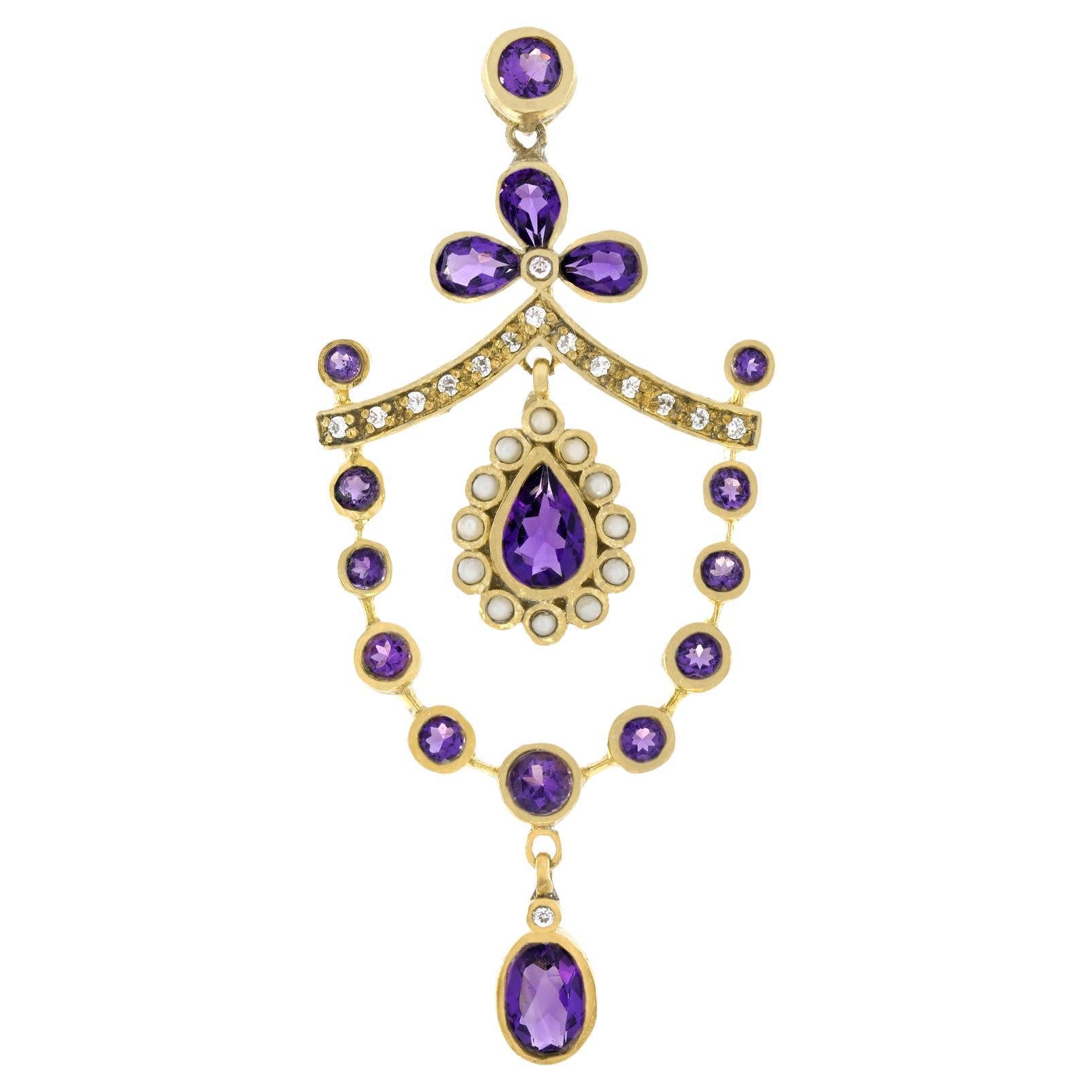 Natural Amethyst Pearl Diamond Vintage Style Floral Pendant in Solid 9K Gold