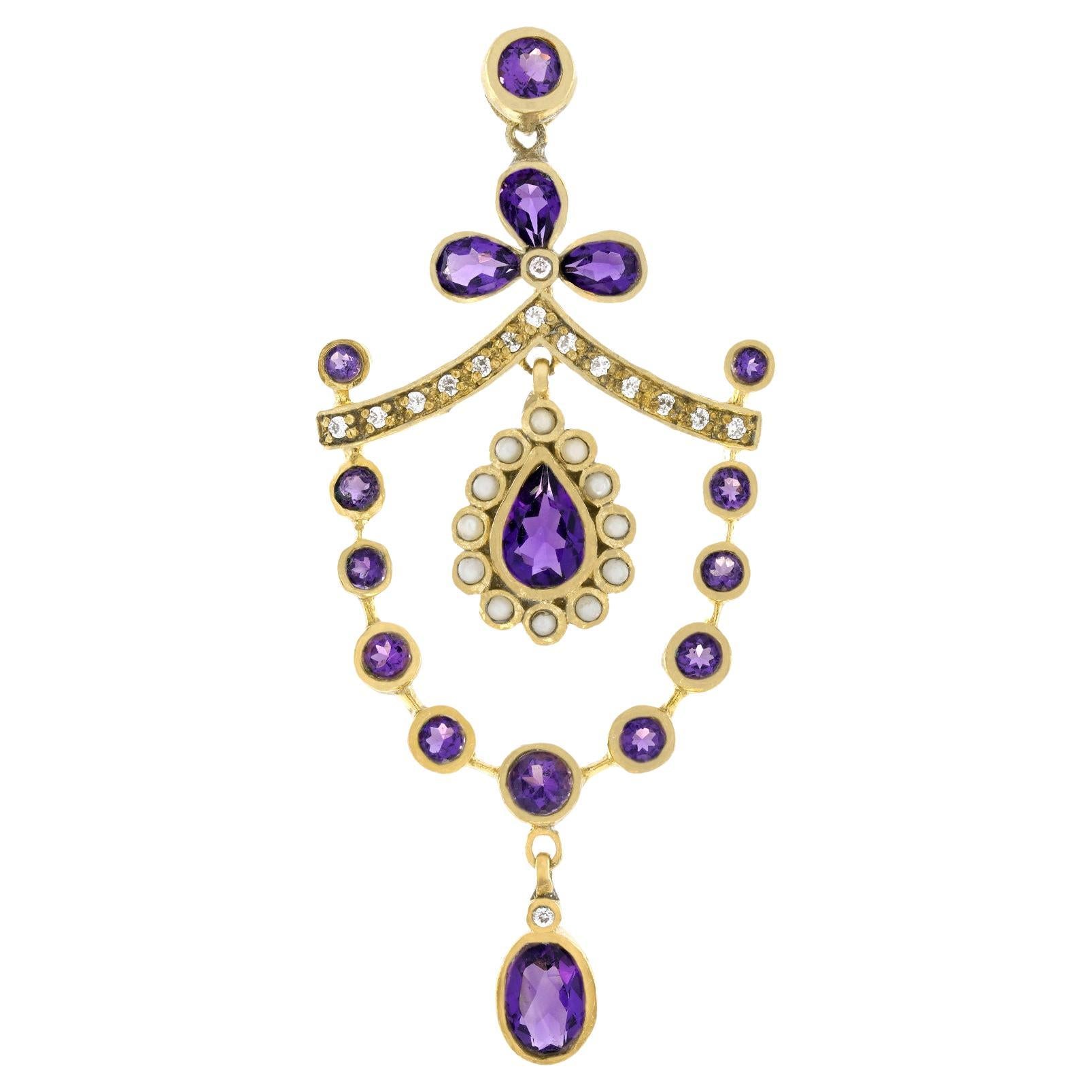 Vintage-Blumenanhänger aus massivem 9K Gold mit natürlichem Amethyst, Perle und Diamant im Vintage-Stil