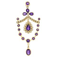 Natural Amethyst Pearl Diamond Vintage Style Floral Pendant in Solid 9K Gold