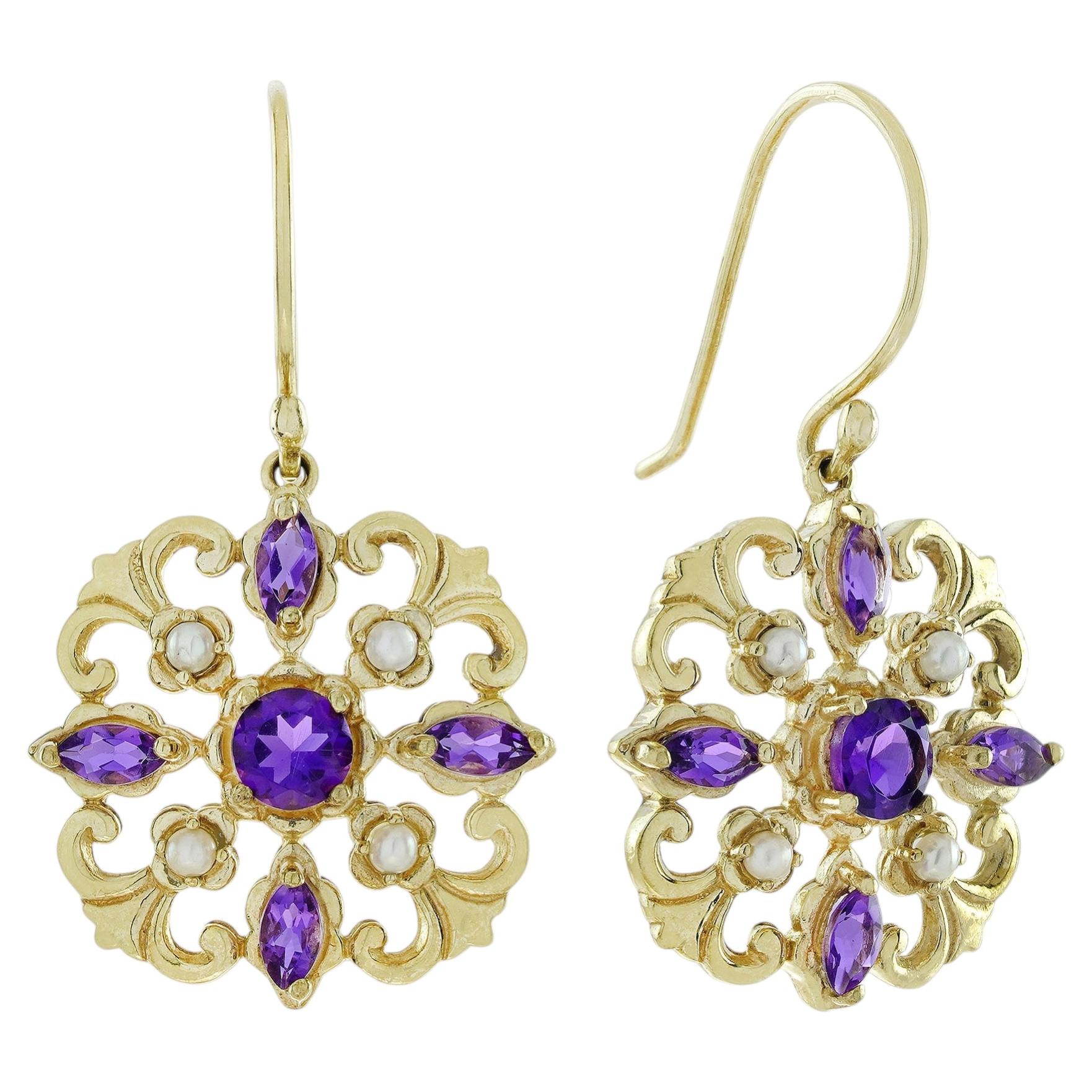 Pendientes colgantes de filigrana con perlas y amatista natural en oro amarillo de 9K