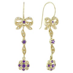 Natural Amethyst Pearl Floral Vintage Style Dangle Earrings in Solid 9K Gold