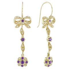 Boucles d'oreilles pendantes en or massif 9K avec perles d'améthyste et fleurs de style vintage