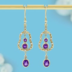 Natural Amethyst Pearl Openwork Drop Earrings in Solid 9K Gold