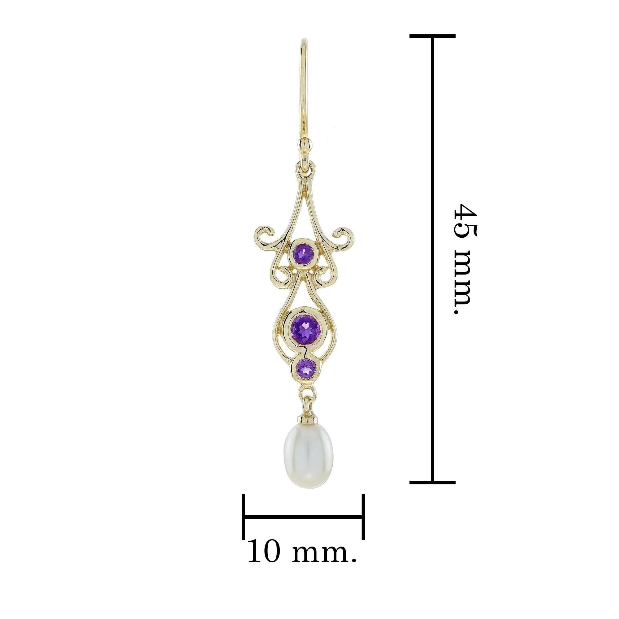 Pendientes de Gota de Perla Amatista Natural Estilo Vintage en Oro Amarillo de 9 K en Nuevo estado para la venta en Bangkok, TH
