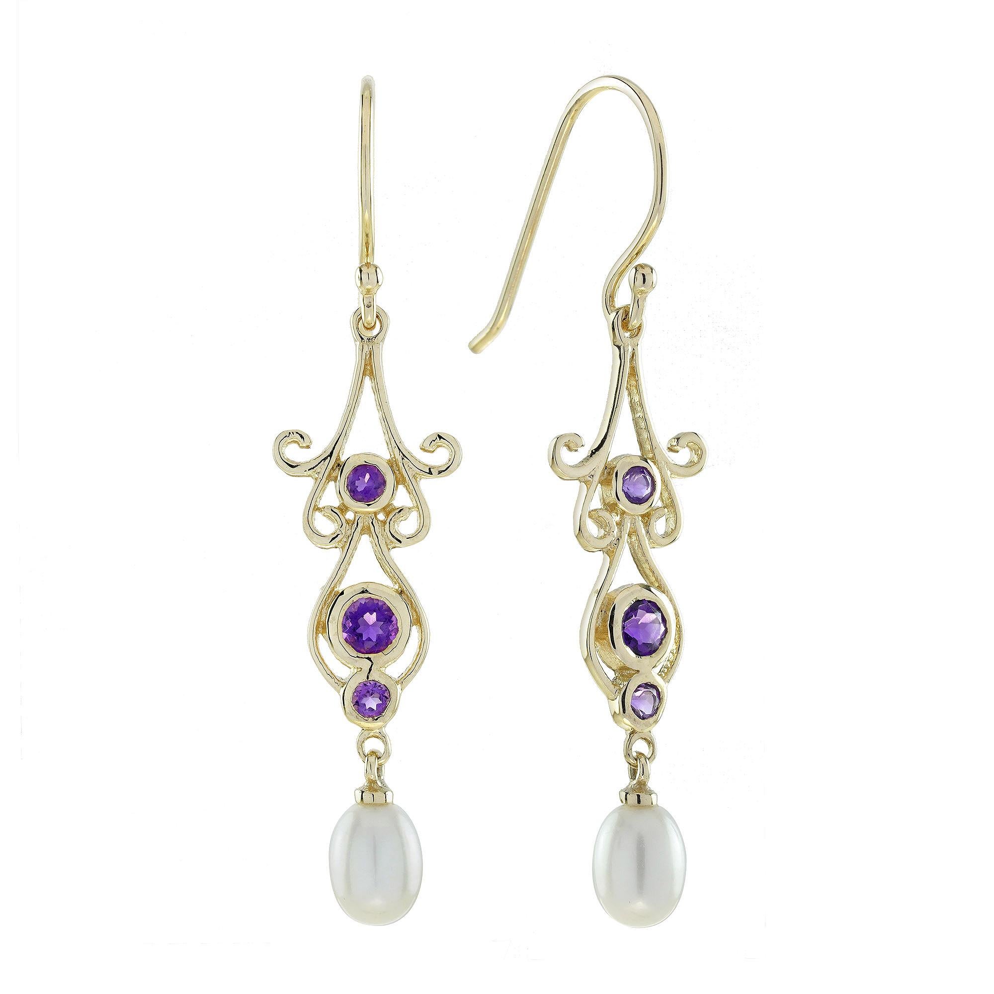 Natürliche Amethyst-Perlen-Tropfen-Ohrringe im Vintage-Stil aus 9K Gelbgold
