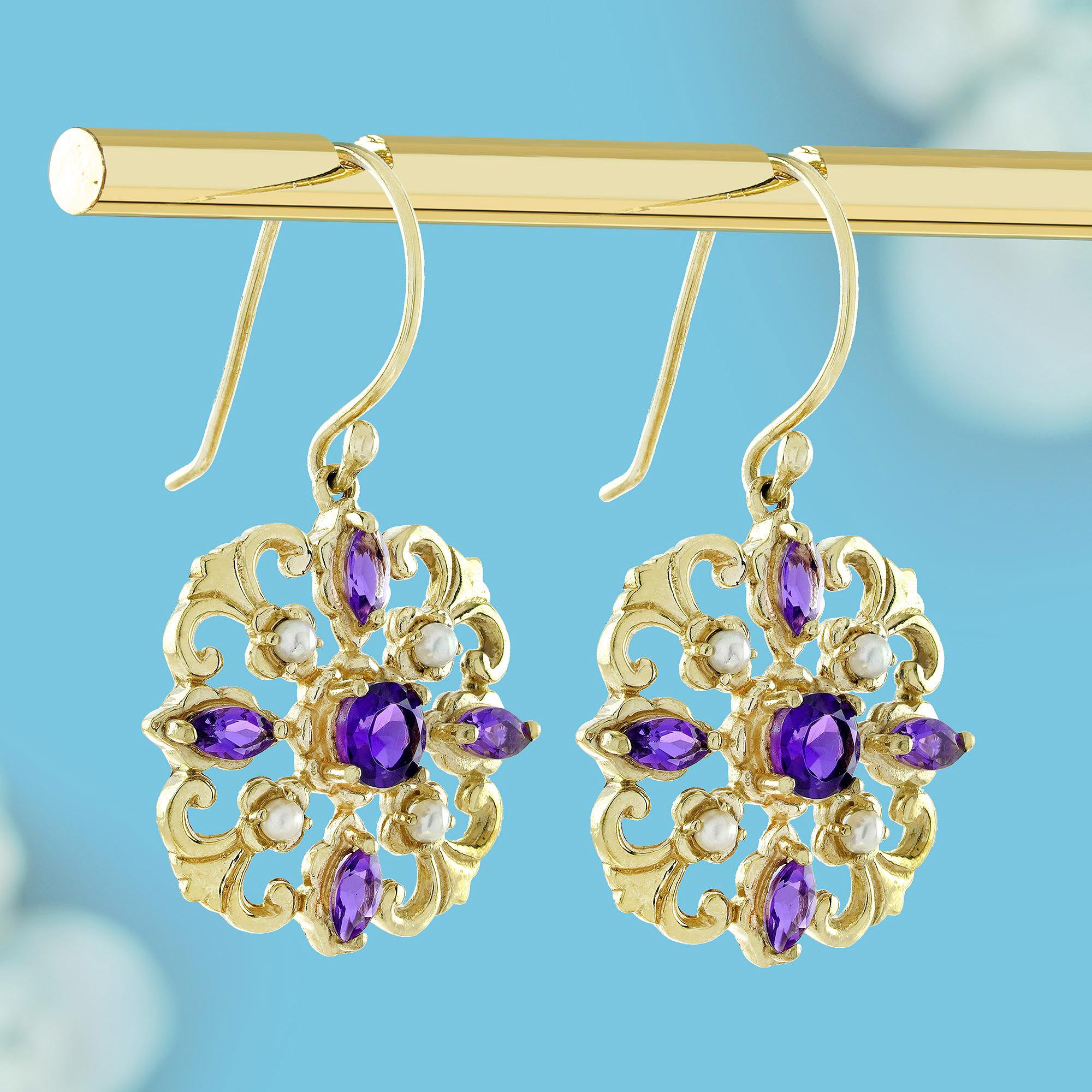 Pendientes de gota de perla amatista natural estilo vintage en oro amarillo macizo de 9 quilates Eduardiano