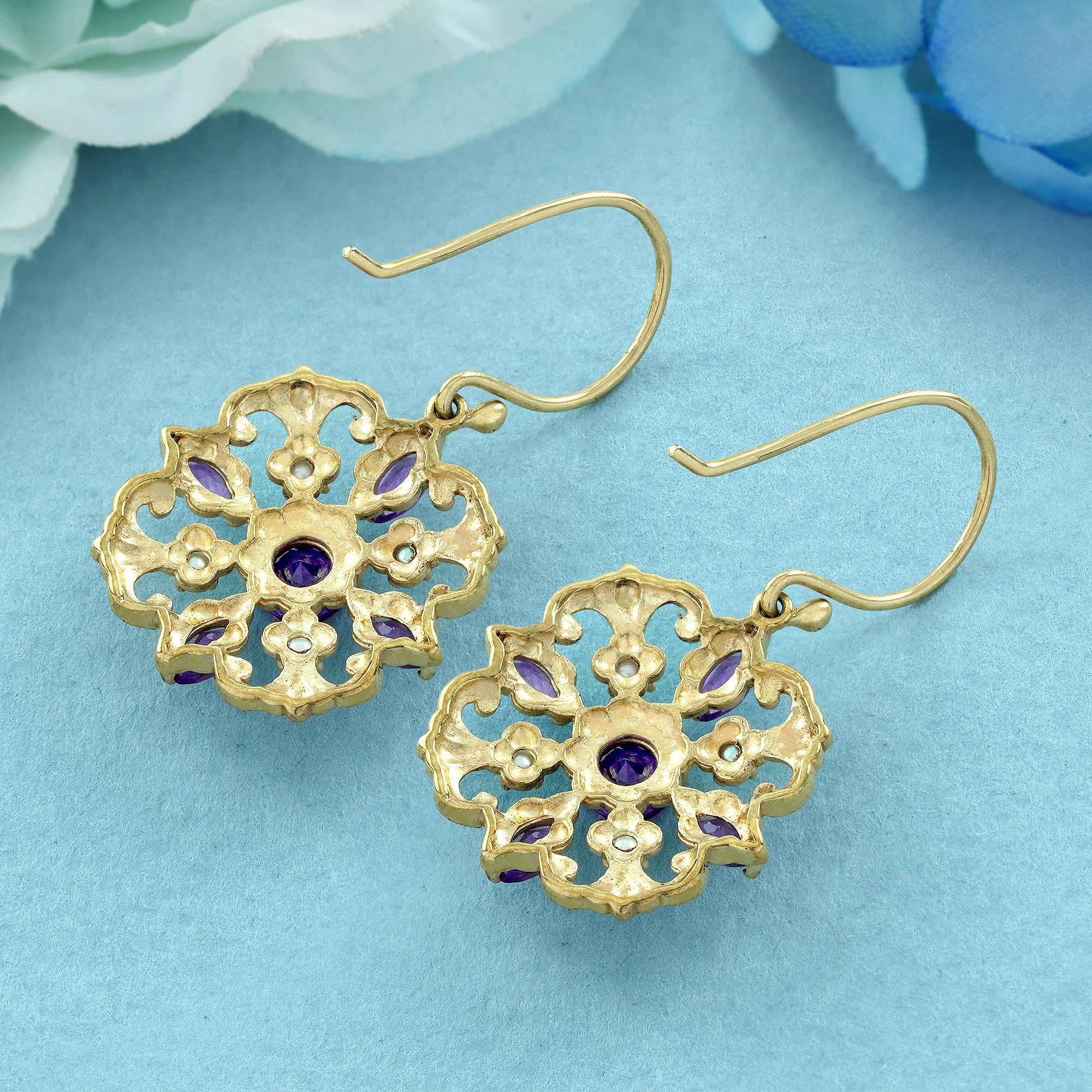 Pendientes de gota de perla amatista natural estilo vintage en oro amarillo macizo de 9 quilates Corte redondo