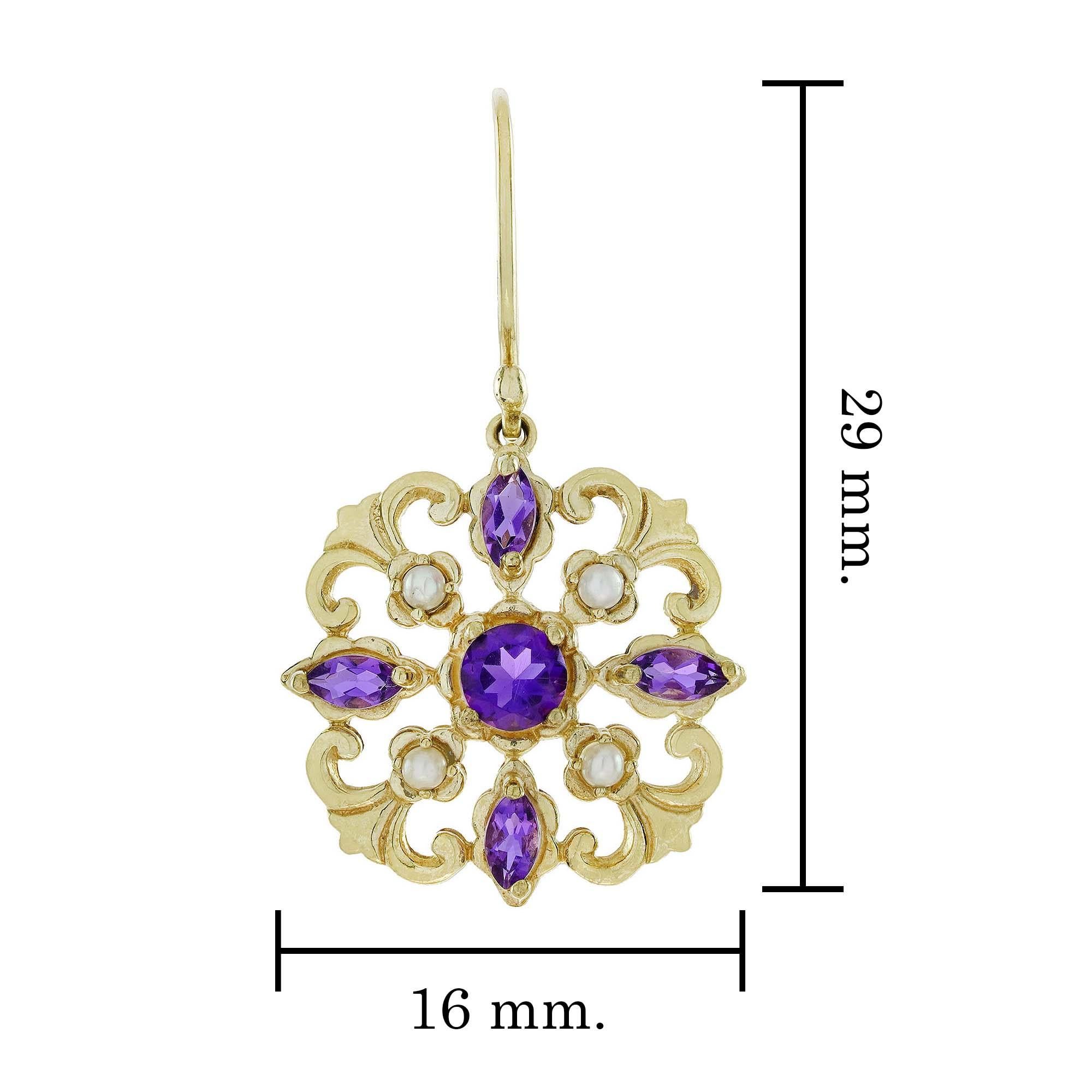 Pendientes de gota de perla amatista natural estilo vintage en oro amarillo macizo de 9 quilates en Nuevo Estado en Bangkok, TH