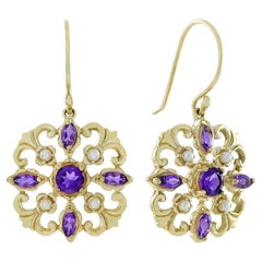 Boucles d'oreilles pendantes en or jaune 9K avec perles d'améthyste naturelles de style vintage