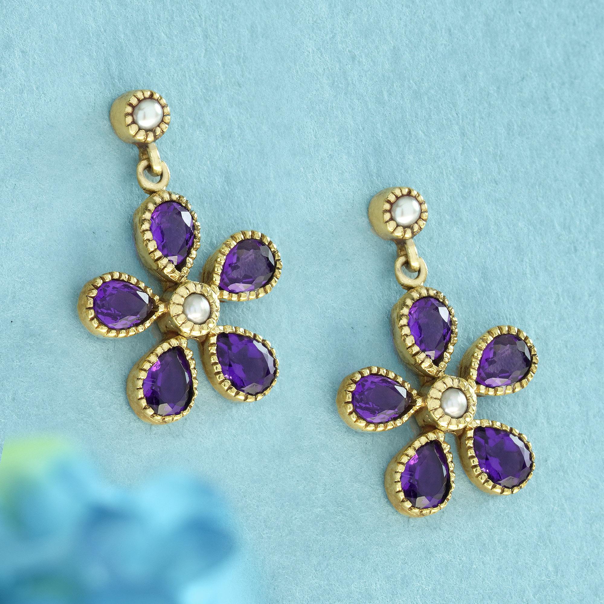 Edwardian Natural Amethyst Pearl Vintage Style Periwinkle Drop Earrings in Solid 9K Gold For Sale