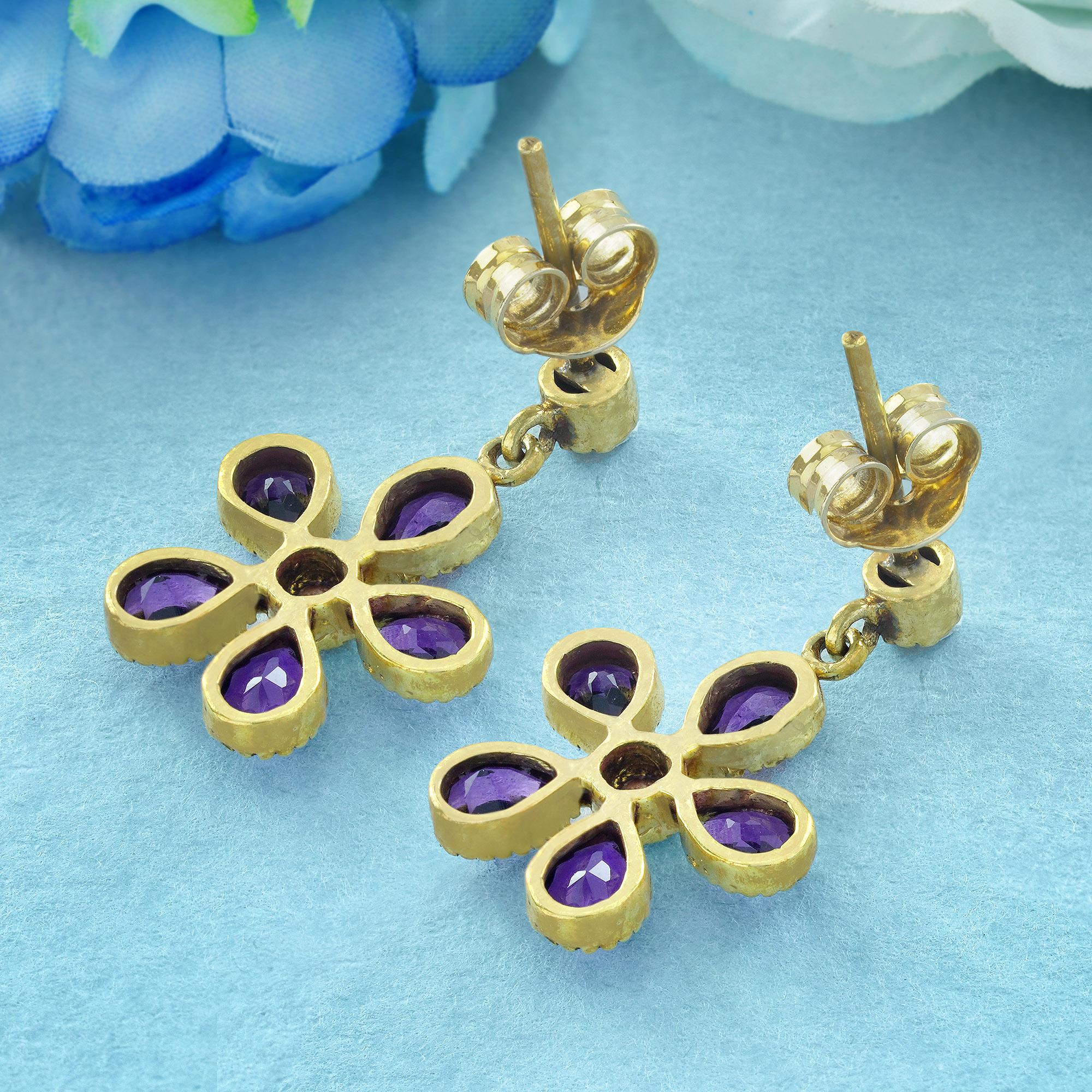 Pear Cut Natural Amethyst Pearl Vintage Style Periwinkle Drop Earrings in Solid 9K Gold For Sale