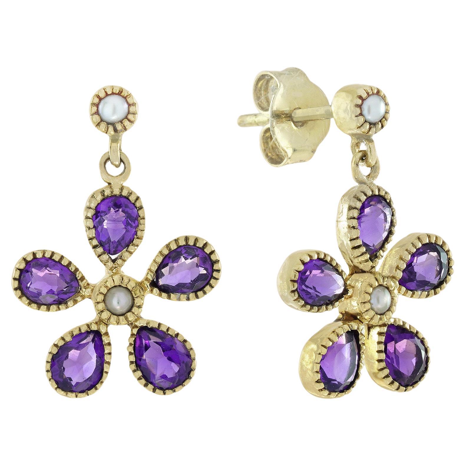 Periwinkle Tropfenohrringe aus massivem 9K Gold mit natürlichem Amethyst und Perle im Vintage-Stil im Angebot