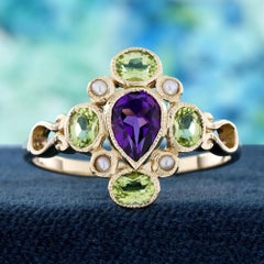 Natural Amethyst, Peridot and Pearl Cluster Ring in Solid 14K Yellow Gold