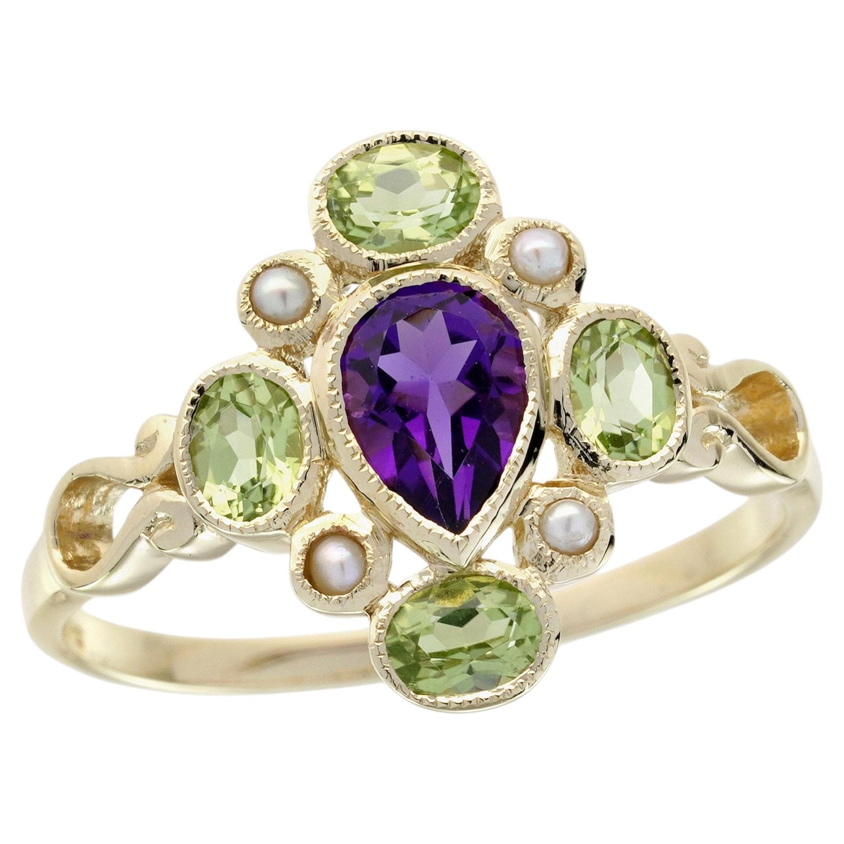 Bague avec grappe d'améthyste naturelle, de péridot et de perles, en or jaune massif 14 carats