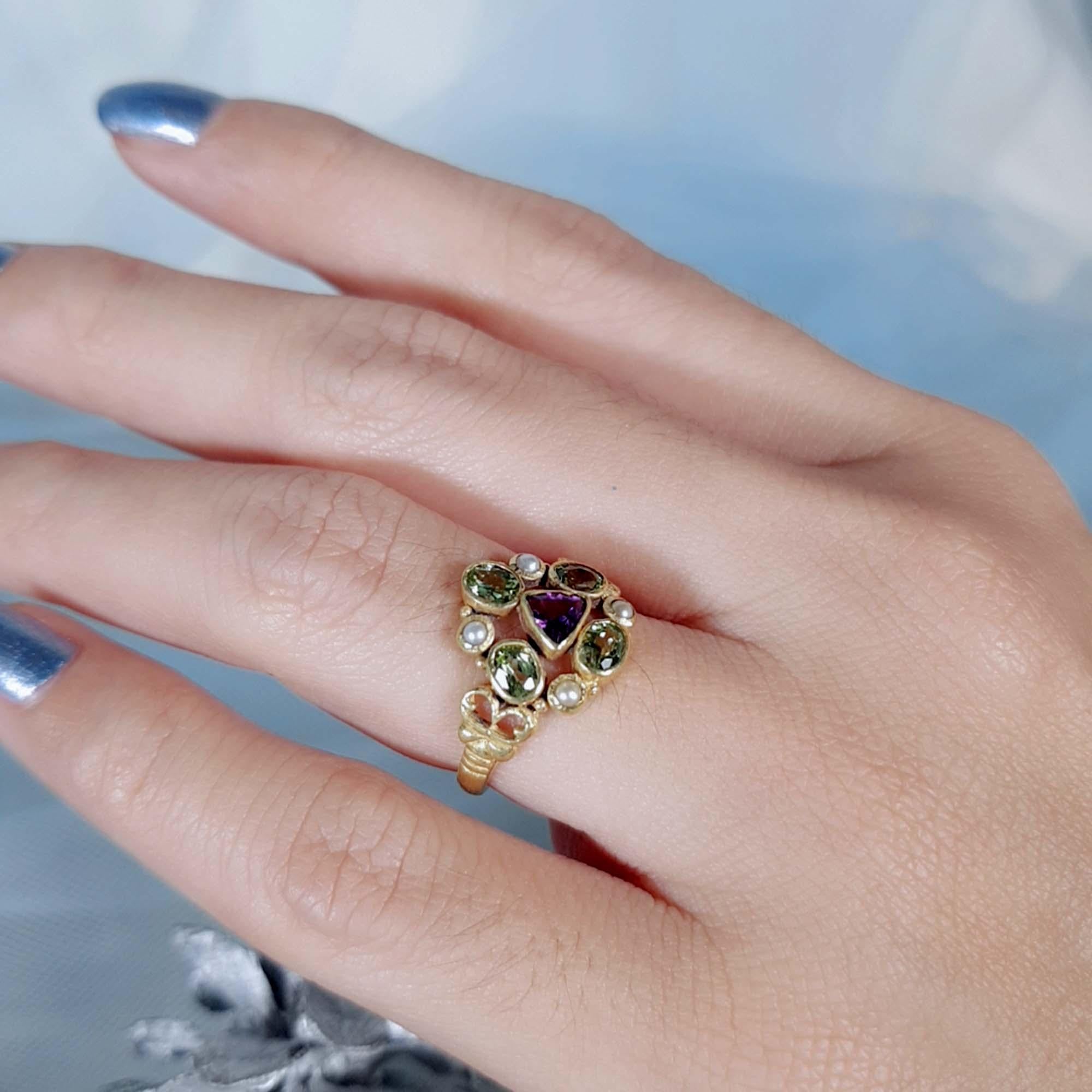 For Sale:  Natural Amethyst Peridot Pearl Vintage Style Cluster Ring in Solid 9K Gold 10