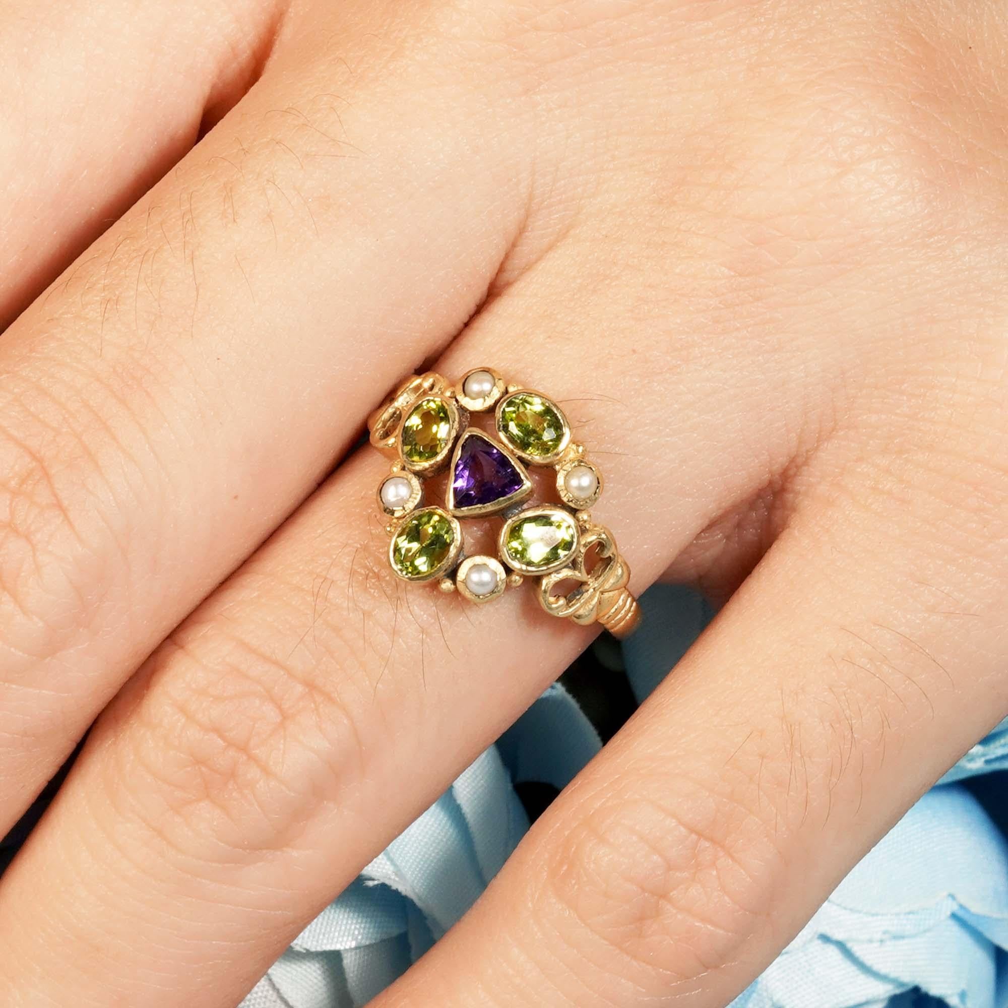 For Sale:  Natural Amethyst Peridot Pearl Vintage Style Cluster Ring in Solid 9K Gold 12