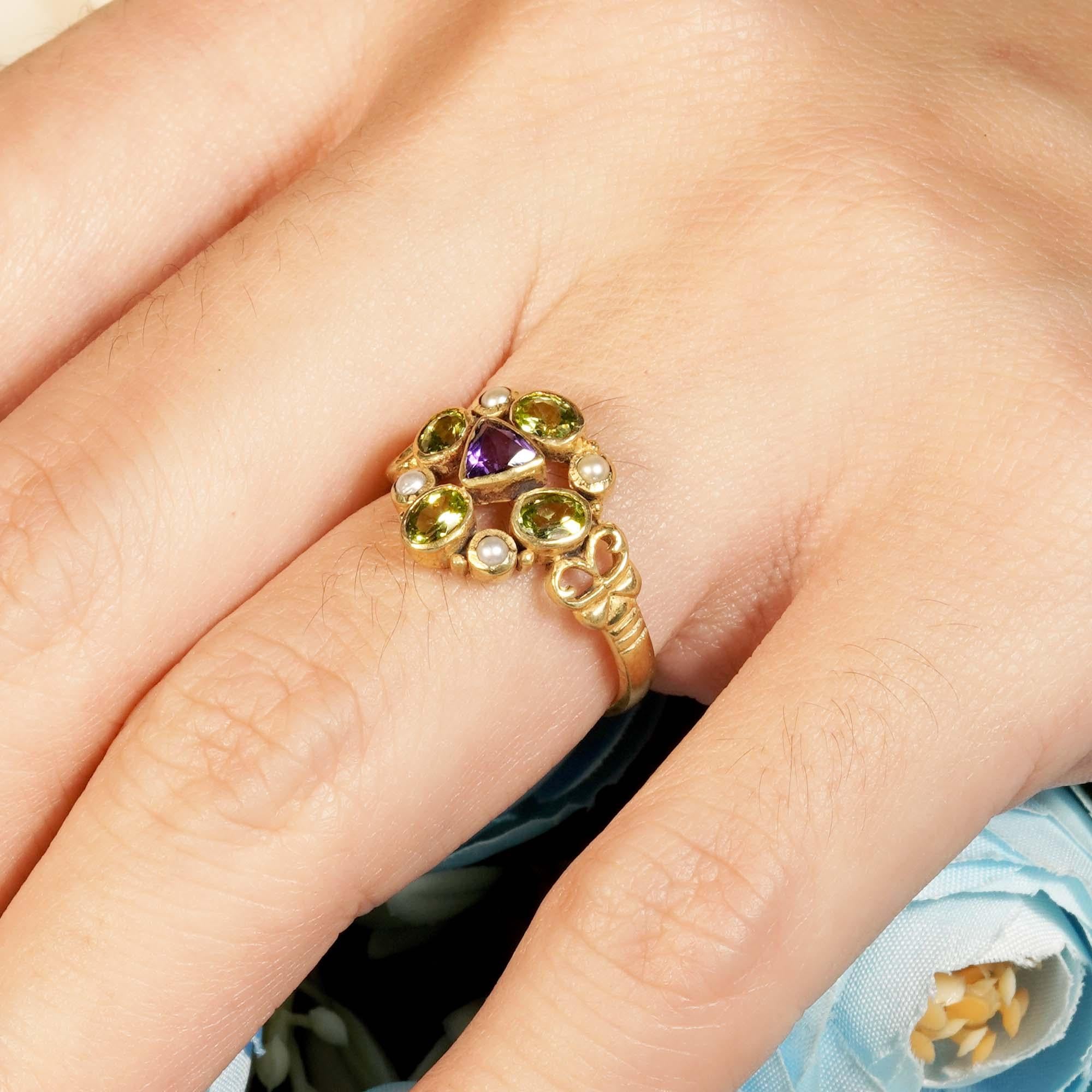 For Sale:  Natural Amethyst Peridot Pearl Vintage Style Cluster Ring in Solid 9K Gold 14