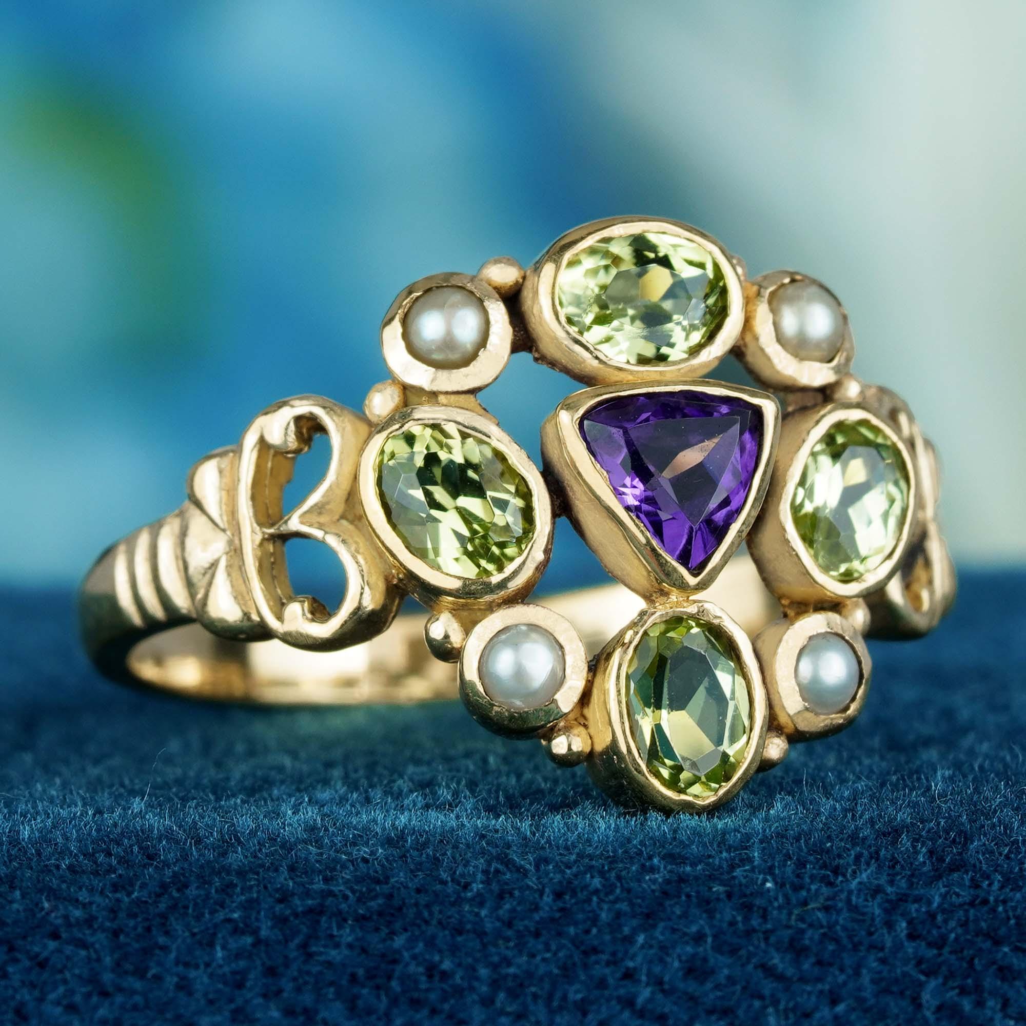For Sale:  Natural Amethyst Peridot Pearl Vintage Style Cluster Ring in Solid 9K Gold 3