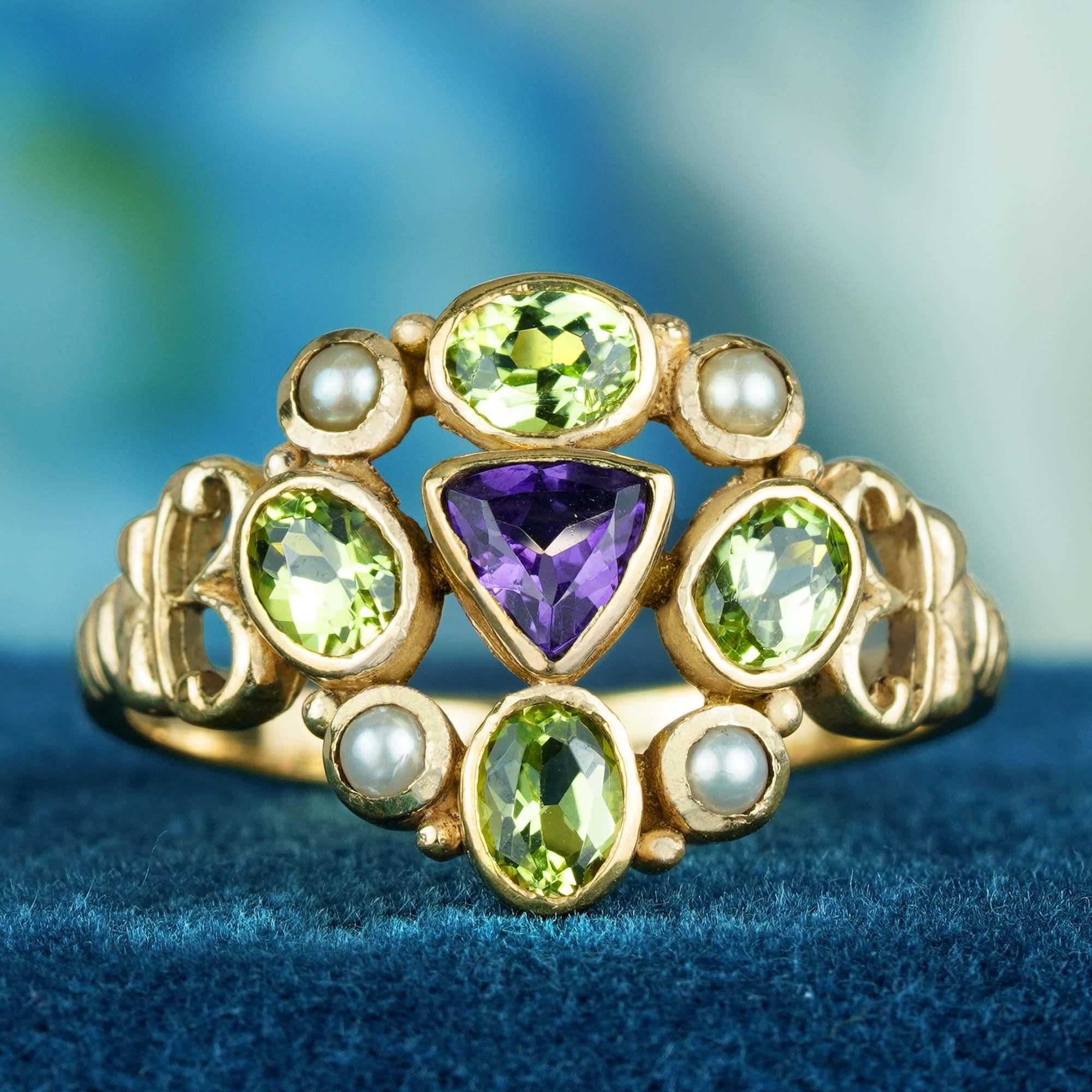 For Sale:  Natural Amethyst Peridot Pearl Vintage Style Cluster Ring in Solid 9K Gold 2
