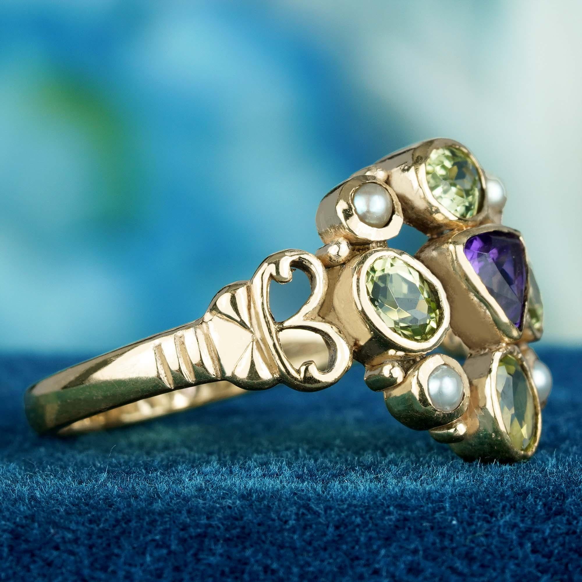 For Sale:  Natural Amethyst Peridot Pearl Vintage Style Cluster Ring in Solid 9K Gold 4
