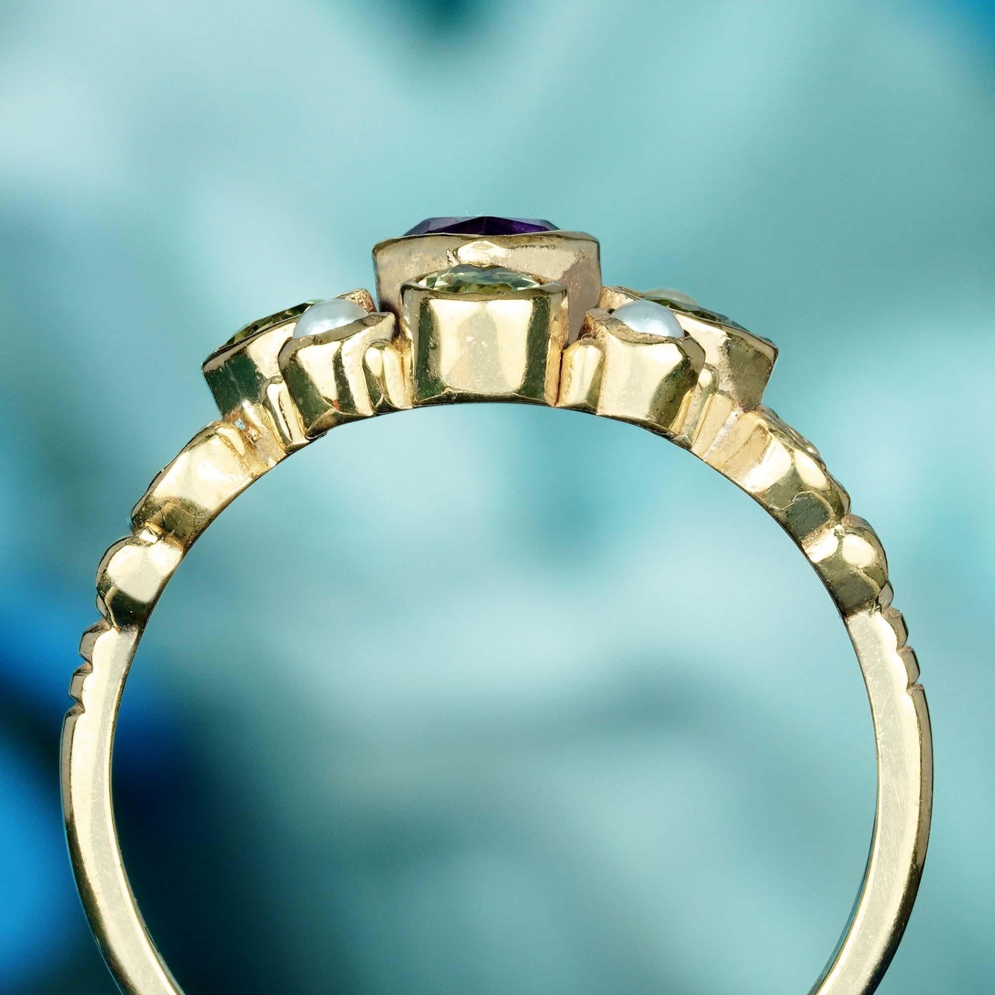 For Sale:  Natural Amethyst Peridot Pearl Vintage Style Cluster Ring in Solid 9K Gold 5