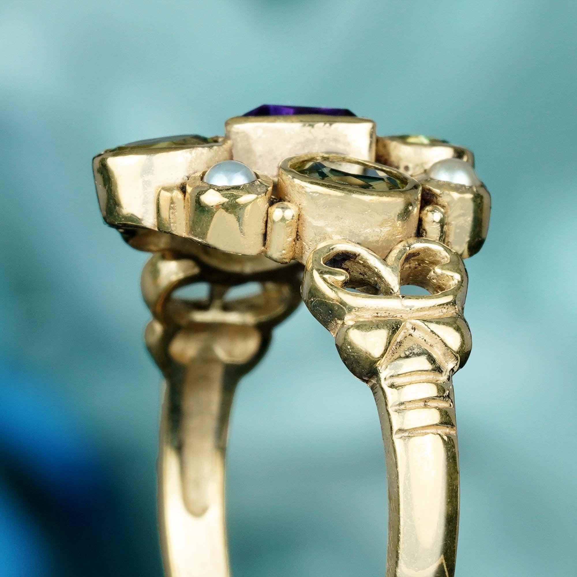 For Sale:  Natural Amethyst Peridot Pearl Vintage Style Cluster Ring in Solid 9K Gold 6