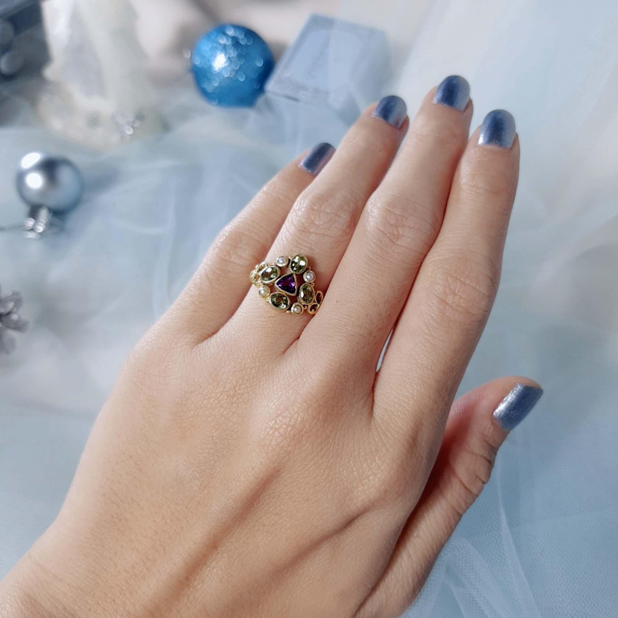 For Sale:  Natural Amethyst Peridot Pearl Vintage Style Cluster Ring in Solid 9K Gold 7