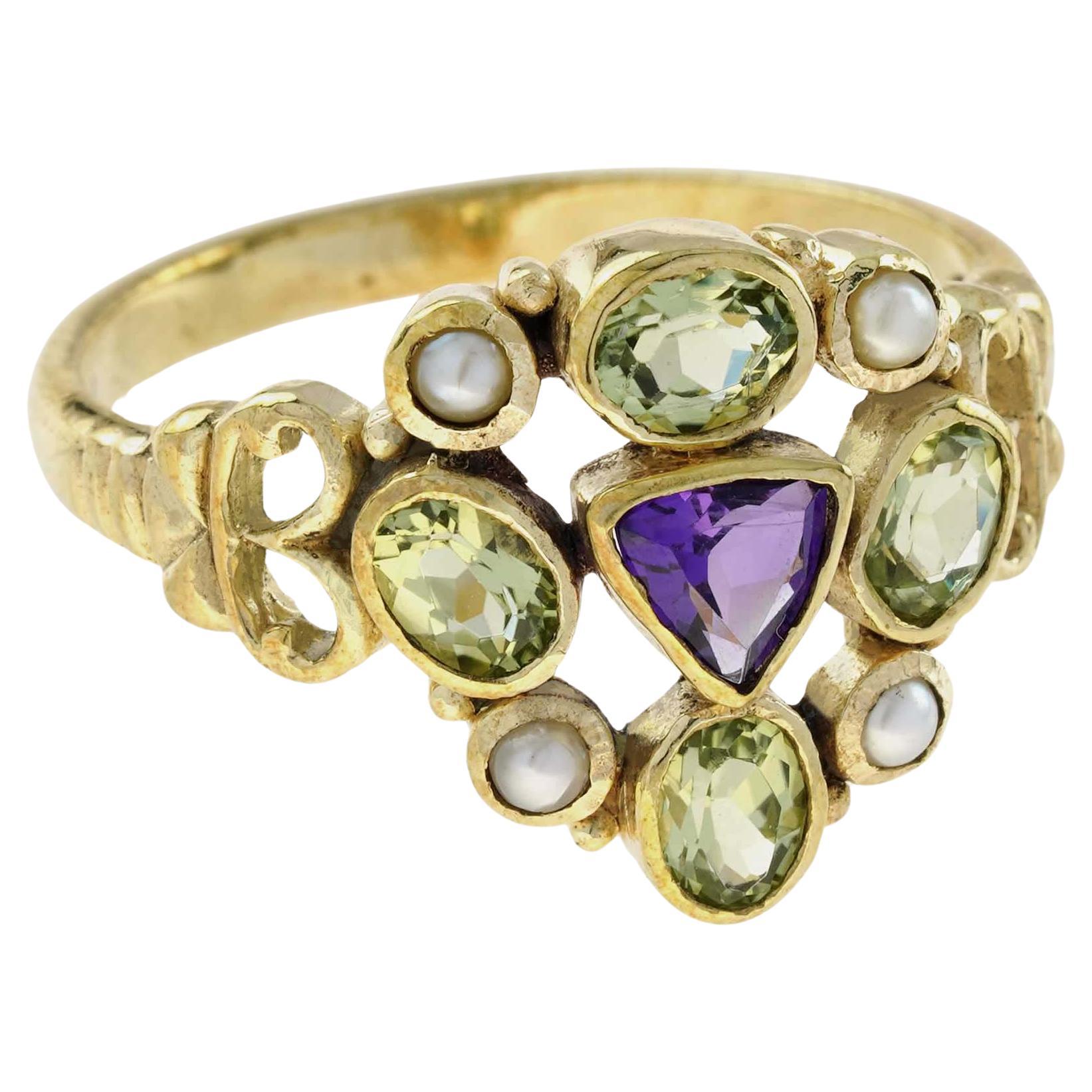 Solid Crystal Rings Customizable Natural Amethyst Peridot Pearl Vintage Style Cluster Ring ...