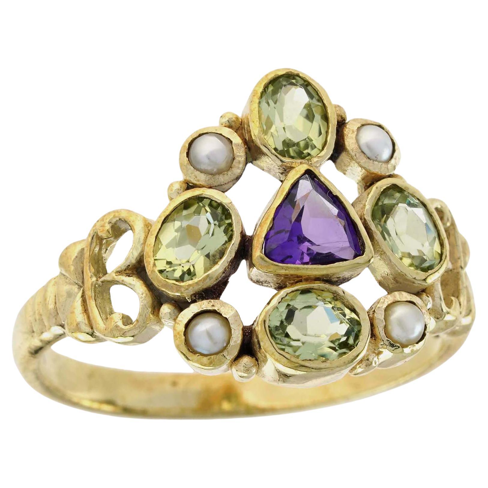 Natural Amethyst Peridot Pearl Vintage Style Cluster Ring in Solid 9K Gold