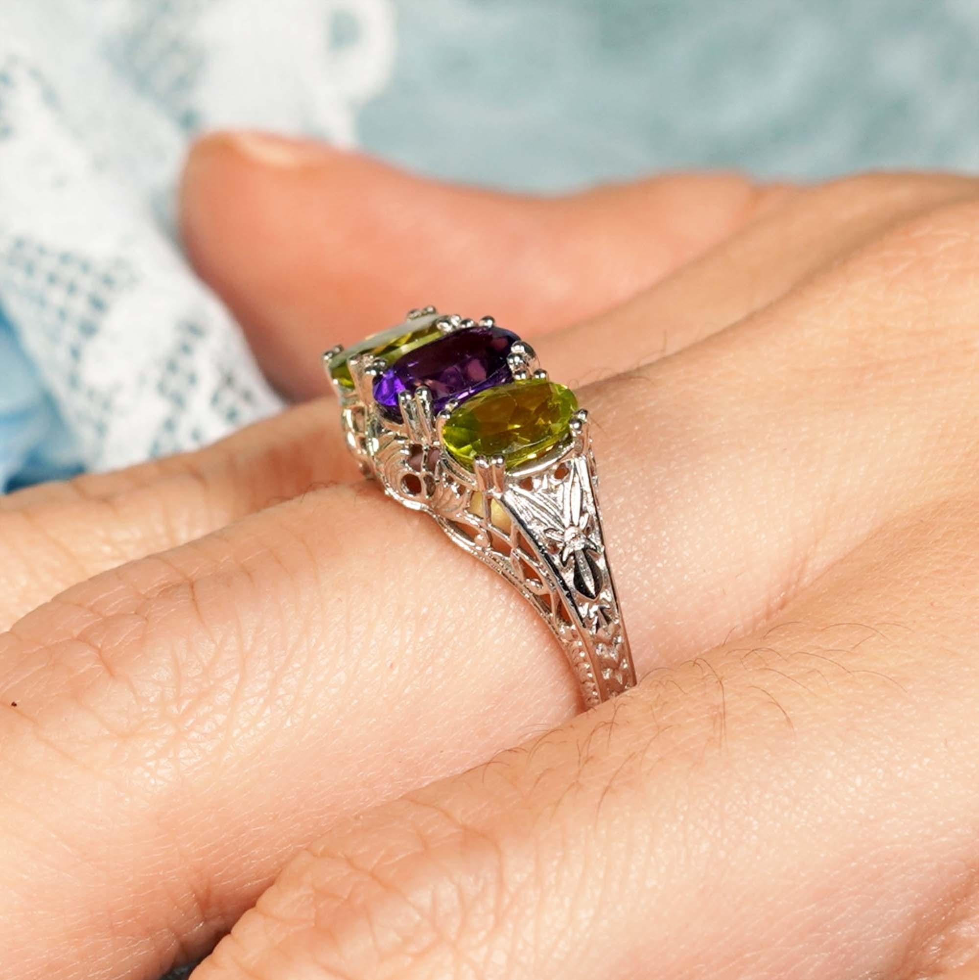 For Sale:  Natural Amethyst Peridot Vintage Style Filigree Three Stone Ring in 9K Gold 10