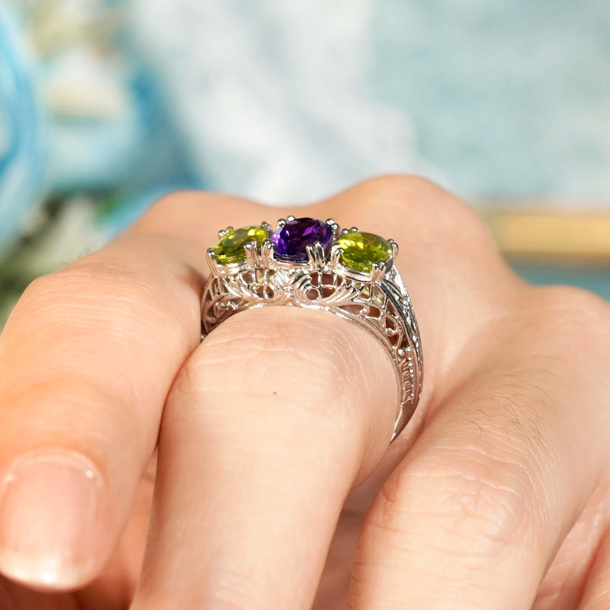 For Sale:  Natural Amethyst Peridot Vintage Style Filigree Three Stone Ring in 9K Gold 12