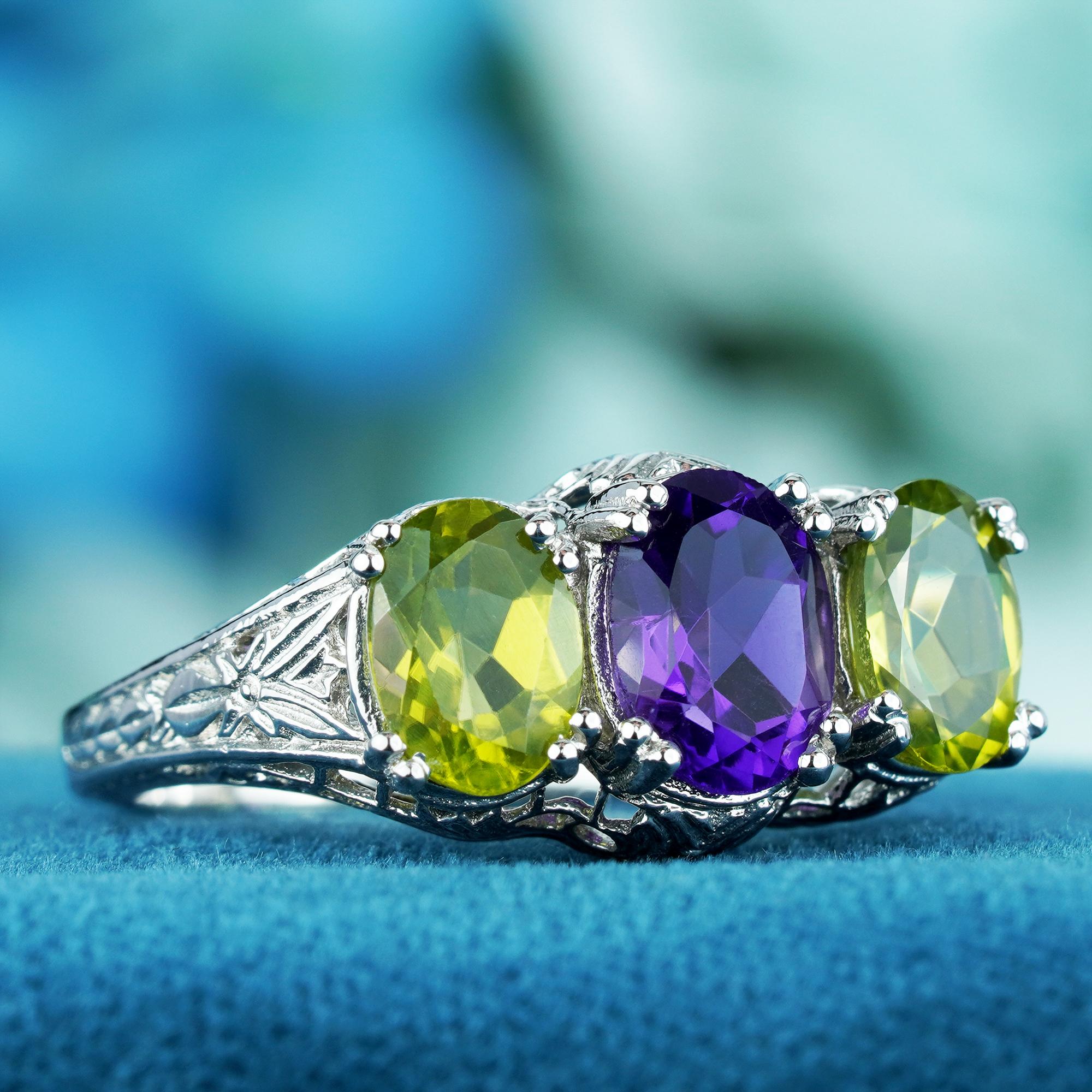 For Sale:  Natural Amethyst Peridot Vintage Style Filigree Three Stone Ring in 9K Gold 2