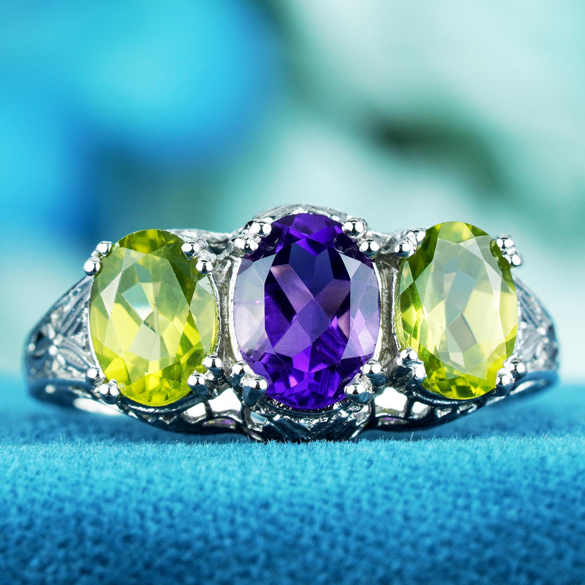 For Sale:  Natural Amethyst Peridot Vintage Style Filigree Three Stone Ring in 9K Gold 3
