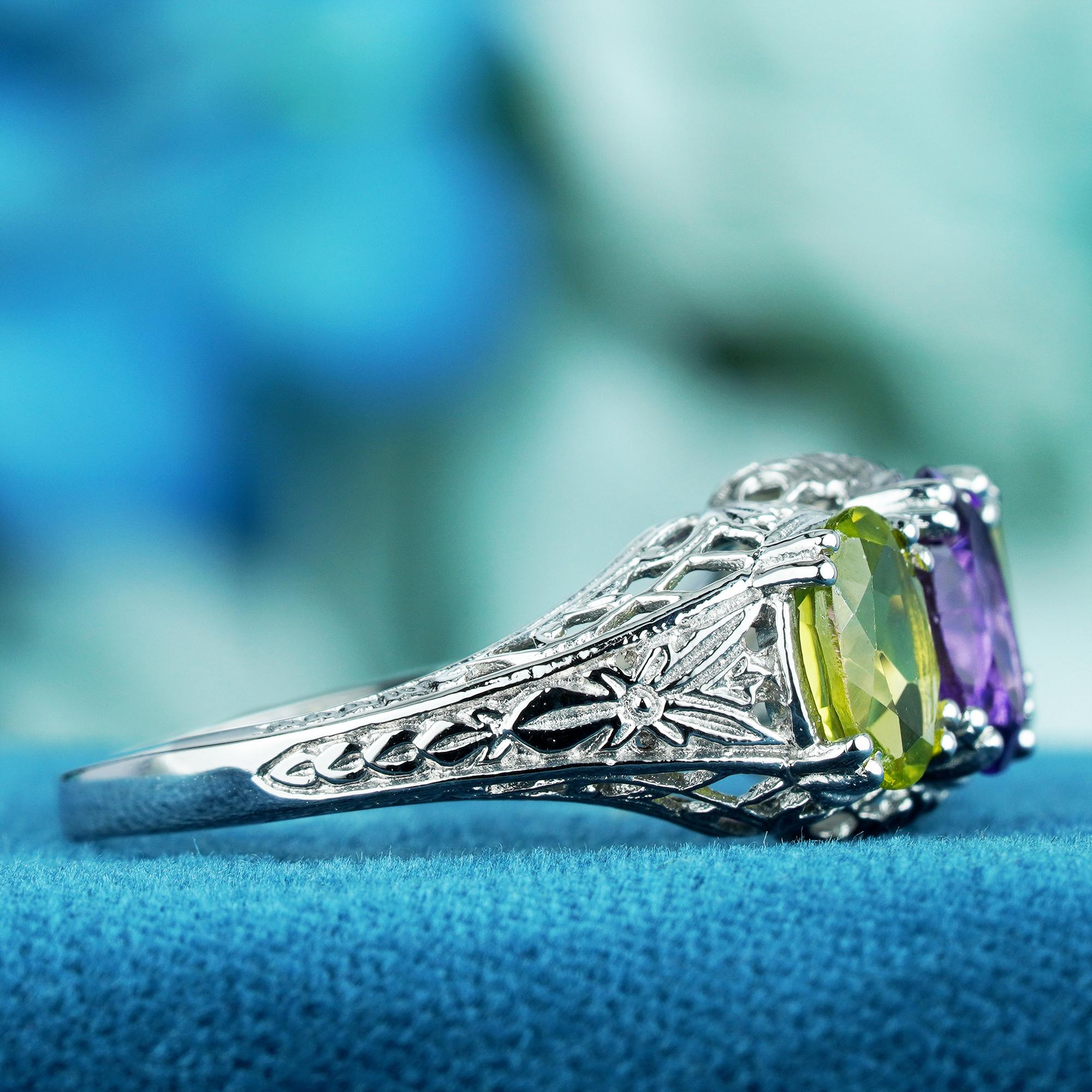 For Sale:  Natural Amethyst Peridot Vintage Style Filigree Three Stone Ring in 9K Gold 4
