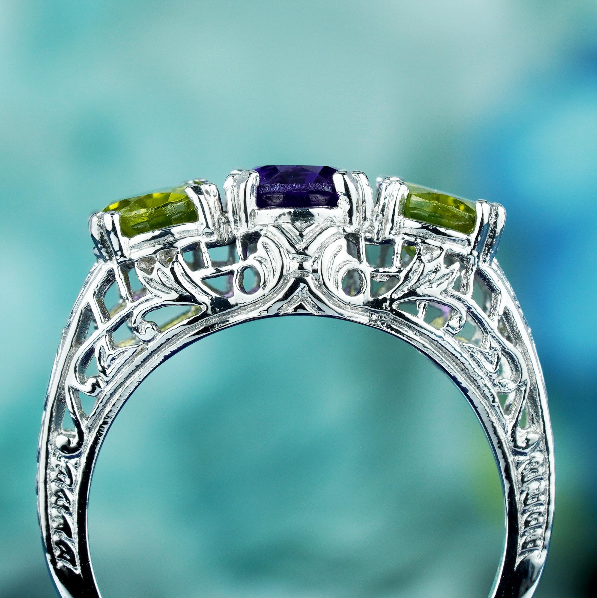 For Sale:  Natural Amethyst Peridot Vintage Style Filigree Three Stone Ring in 9K Gold 5
