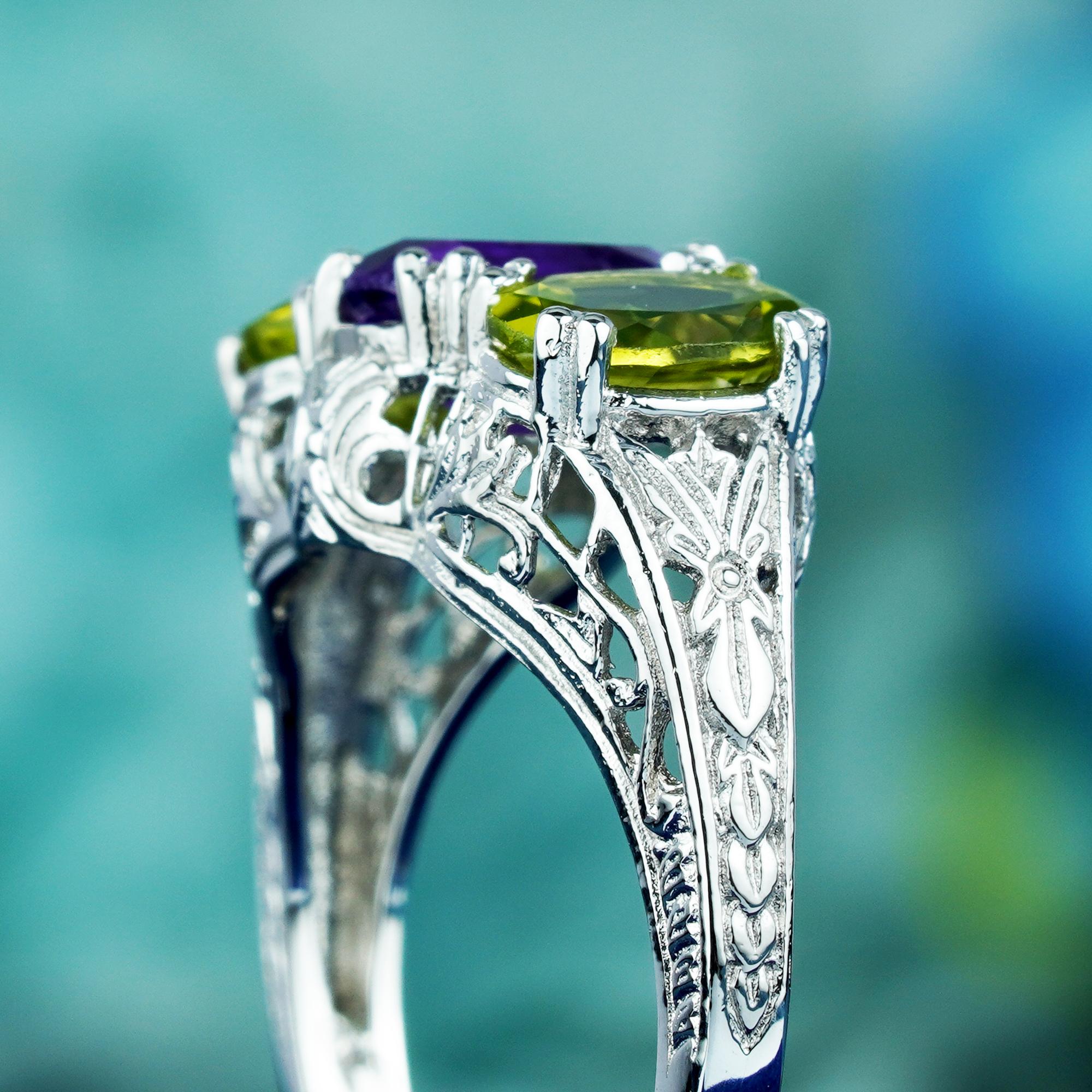 For Sale:  Natural Amethyst Peridot Vintage Style Filigree Three Stone Ring in 9K Gold 6