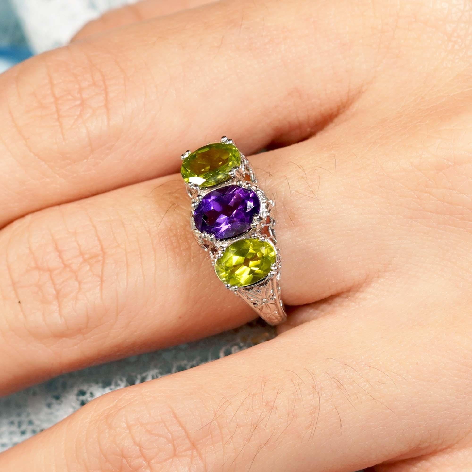 For Sale:  Natural Amethyst Peridot Vintage Style Filigree Three Stone Ring in 9K Gold 8