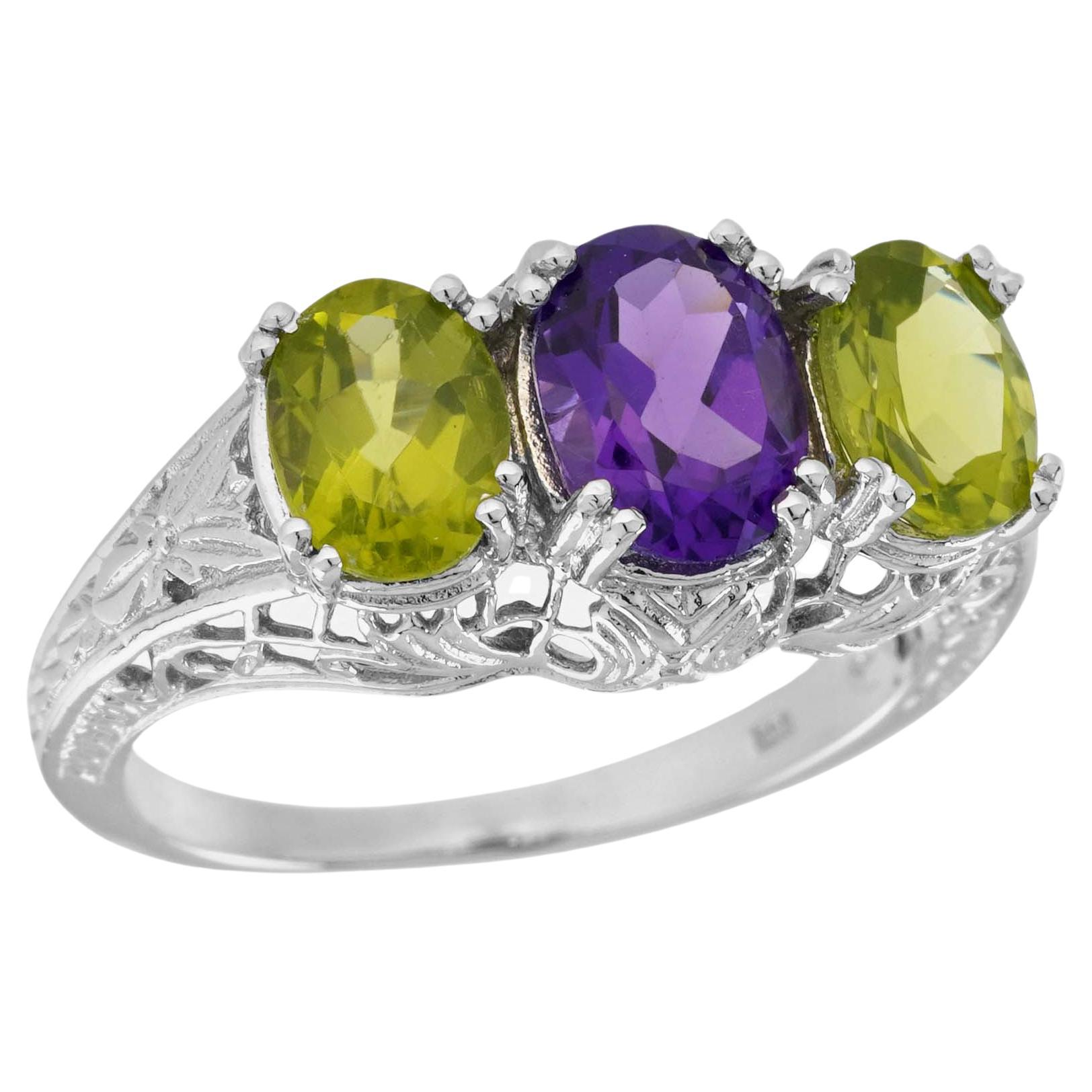 For Sale:  Natural Amethyst Peridot Vintage Style Filigree Three Stone Ring in 9K Gold