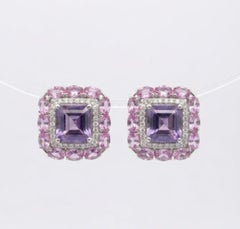 Ohrringe aus natürlichem Amethyst, rosa Saphir und Diamanten in 14-karätigem Gold