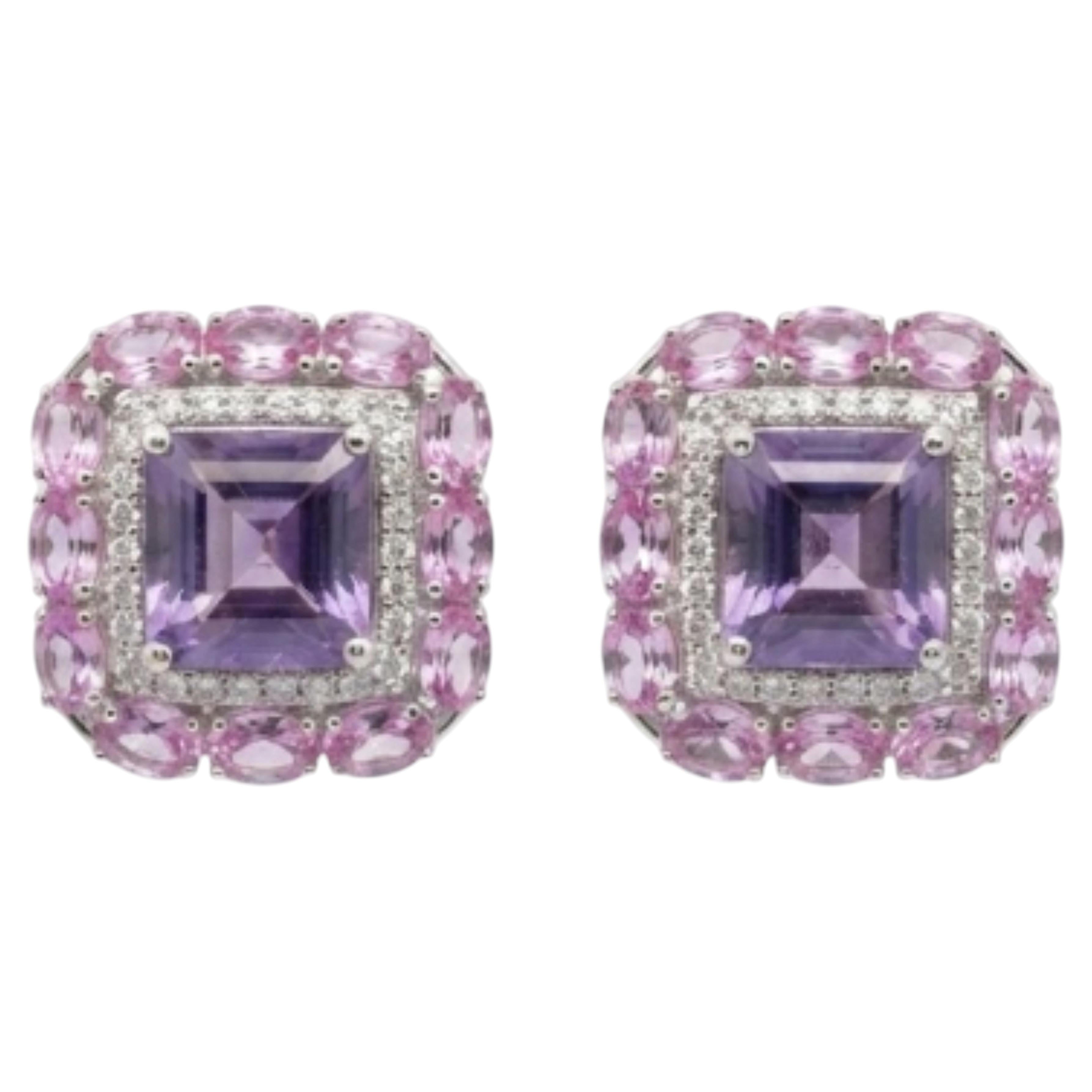 Pendientes de amatista natural, zafiro rosa y diamantes en oro de 14k