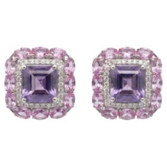 Ohrringe aus natürlichem Amethyst, rosa Saphir und Diamanten in 14-karätigem Gold