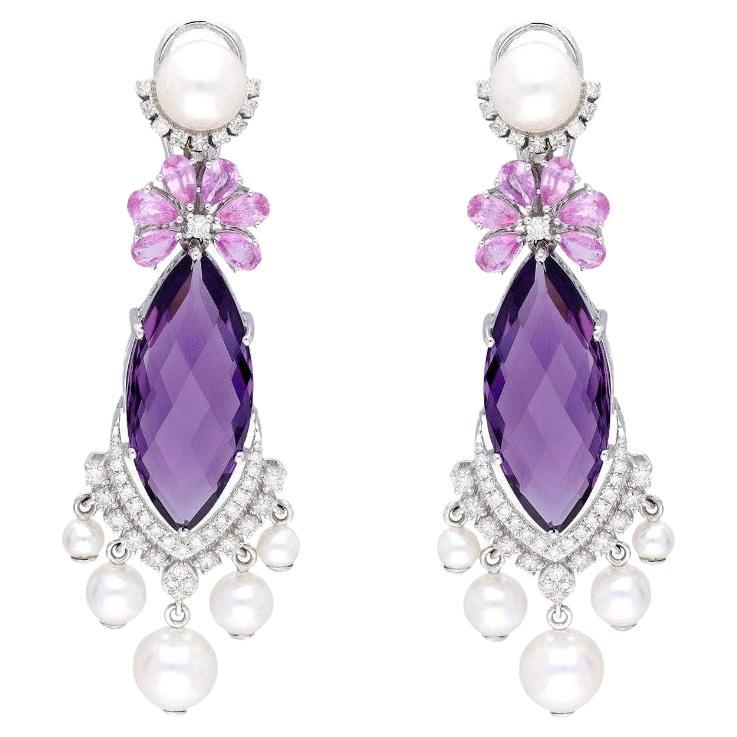 Natural Amethyst & pink sapphire & pearl & diamond earring in 18k gold