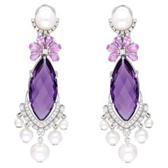 Natürlicher Amethyst & rosa Saphir & Perle & Diamant-Ohrring in 18k Gold