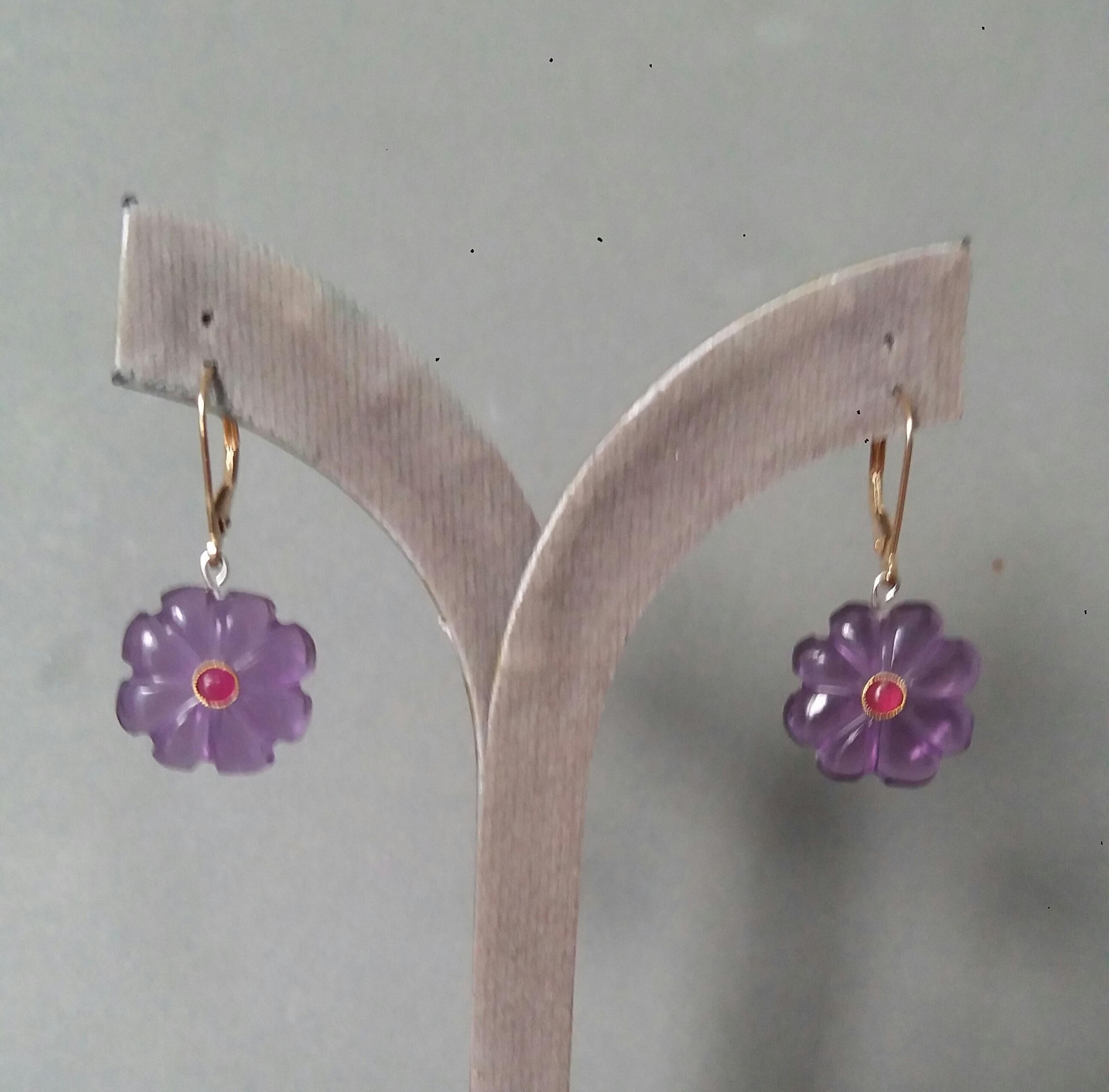 Natural Amethyst Round Carved Buttons Ruby Cabs 14k Yellow Gold Dangle Earrings For Sale 3
