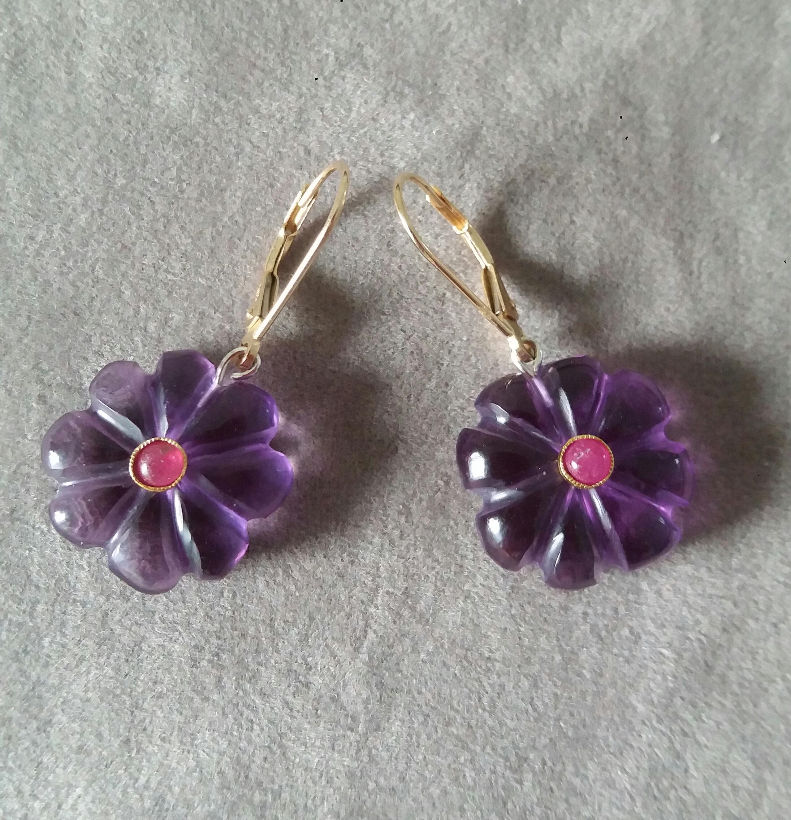 Artisan Natural Amethyst Round Carved Buttons Ruby Cabs 14k Yellow Gold Dangle Earrings For Sale