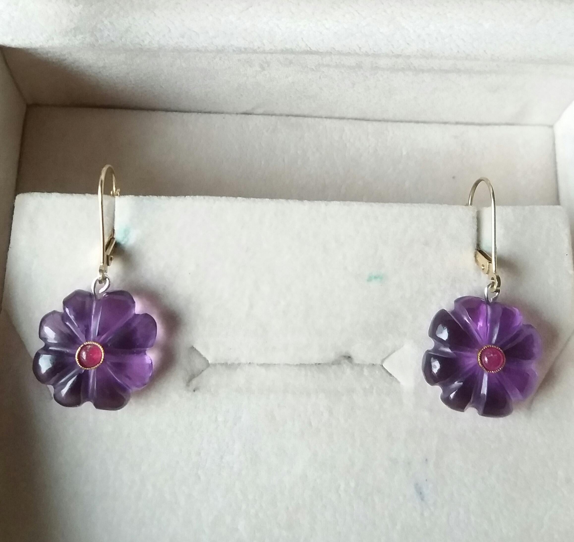 Natural Amethyst Round Carved Buttons Ruby Cabs 14k Yellow Gold Dangle Earrings For Sale 1